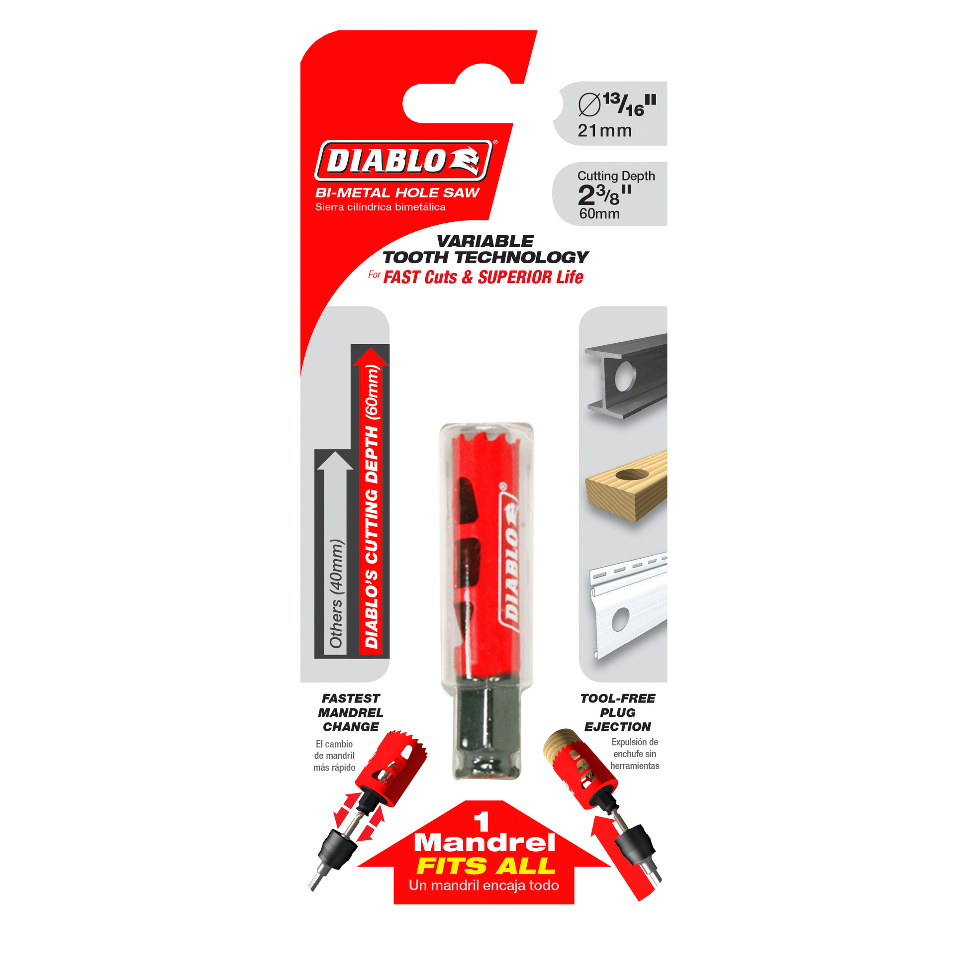 Diablo bi-metal hole saw with red plastic body, cutting depth gauge, mandrel, and plug ejector displayed on branded packaging