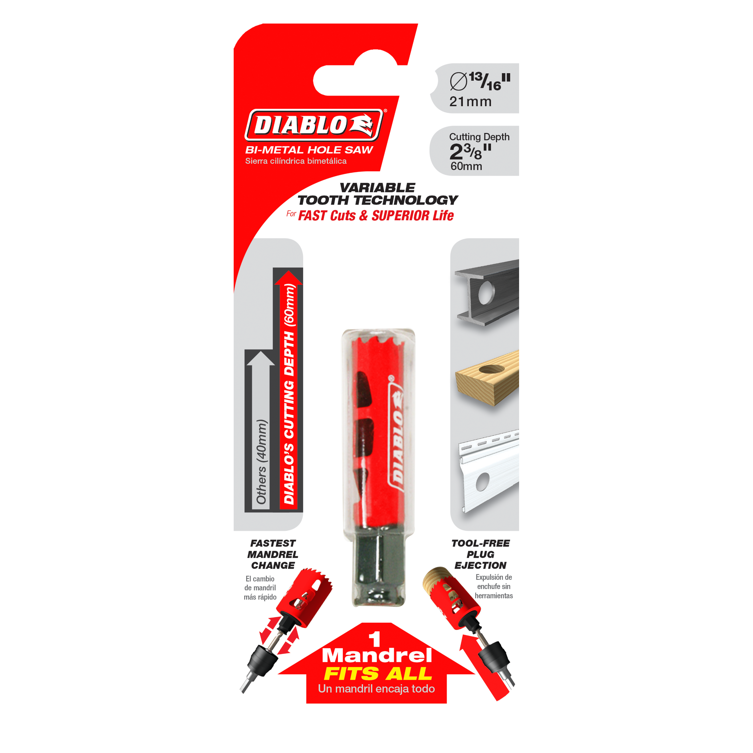 Diablo bi-metal hole saw with red plastic body, cutting depth gauge, mandrel, and plug ejector displayed on branded packaging