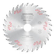 Freud 180mm circular saw blade with carbide-tipped teeth, center mounting hole, and model LU2A05 marked on silver steel body.
