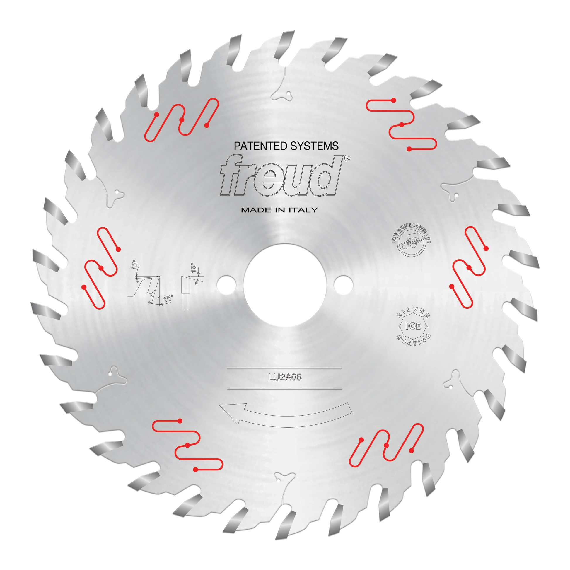 Freud 180mm circular saw blade with carbide-tipped teeth, center mounting hole, and model LU2A05 marked on silver steel body.