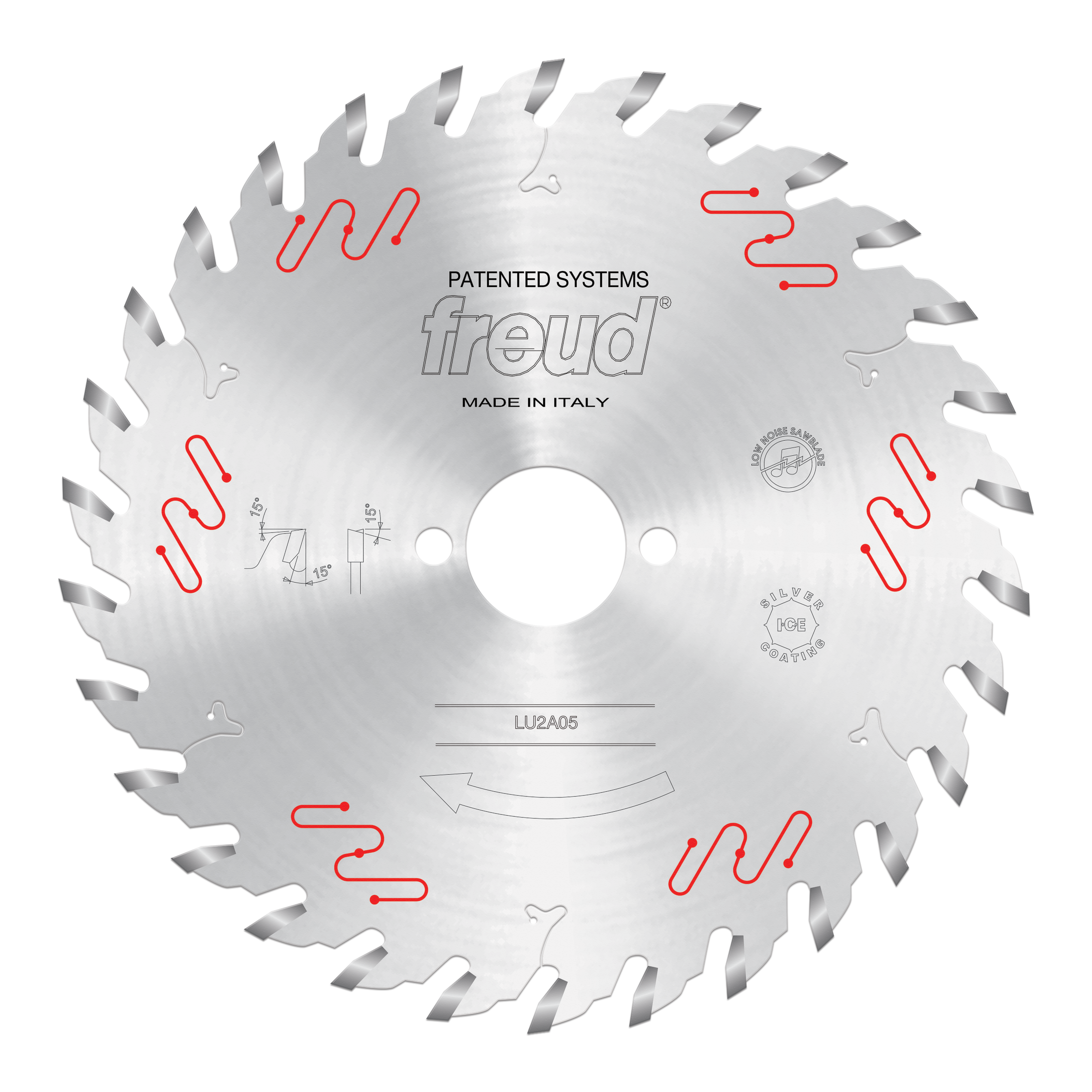 Freud 180mm circular saw blade with carbide-tipped teeth, center mounting hole, and model LU2A05 marked on silver steel body.