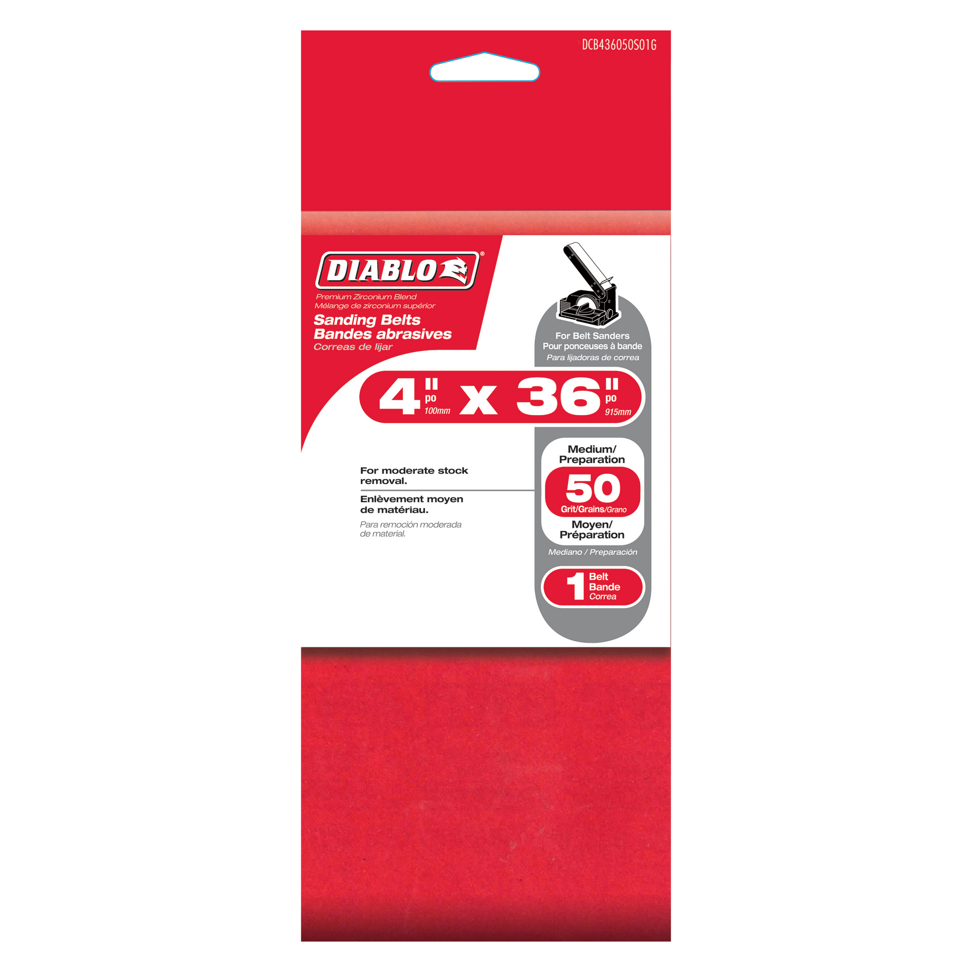 Red abrasive sanding belt, 4 inches by 36 inches, 50 grit, single pack with Diablo branding.