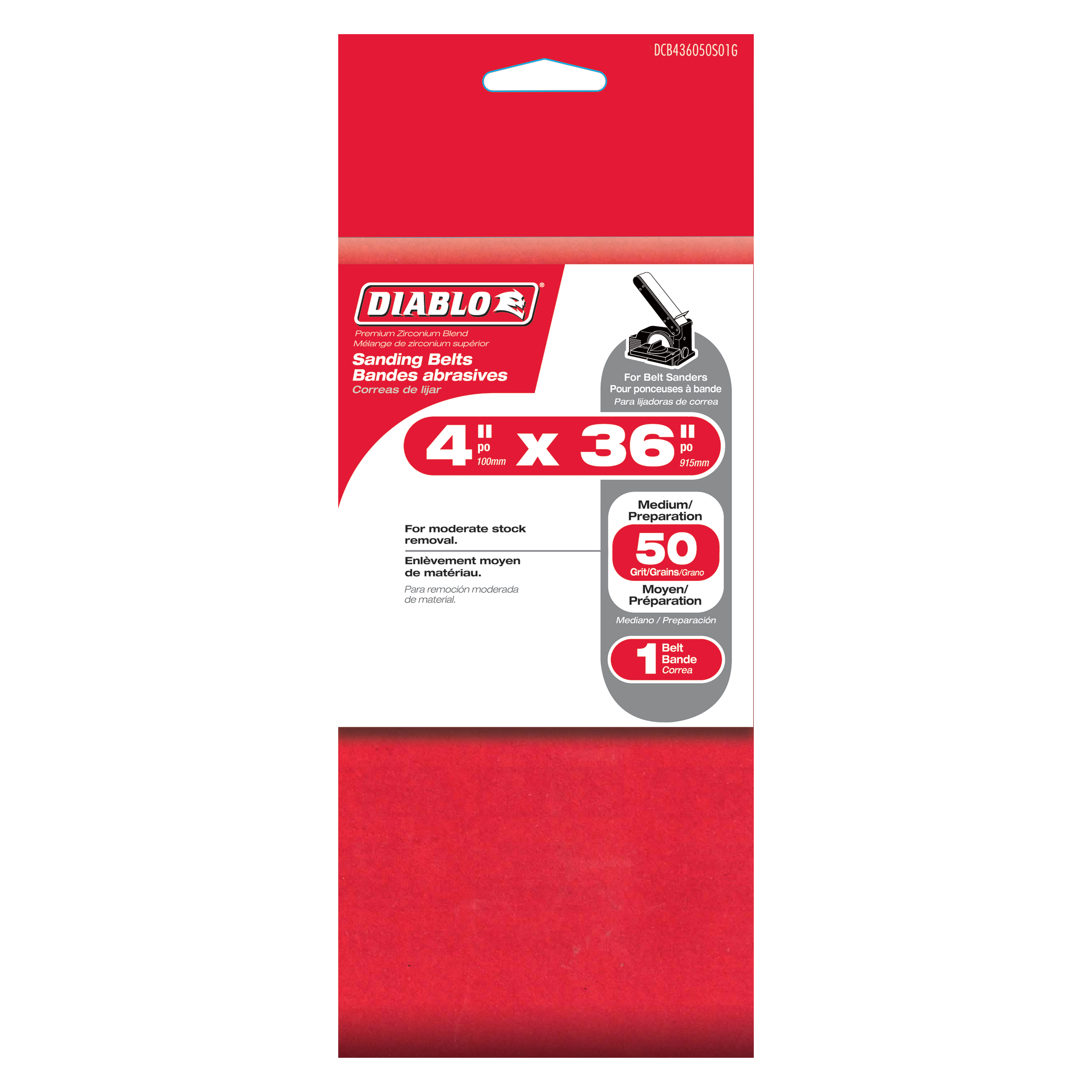 Red abrasive sanding belt, 4 inches by 36 inches, 50 grit, single pack with Diablo branding.