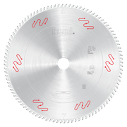 Silver circular saw blade with fine teeth and red wavy markings around the edge, Freud branding visible in center.