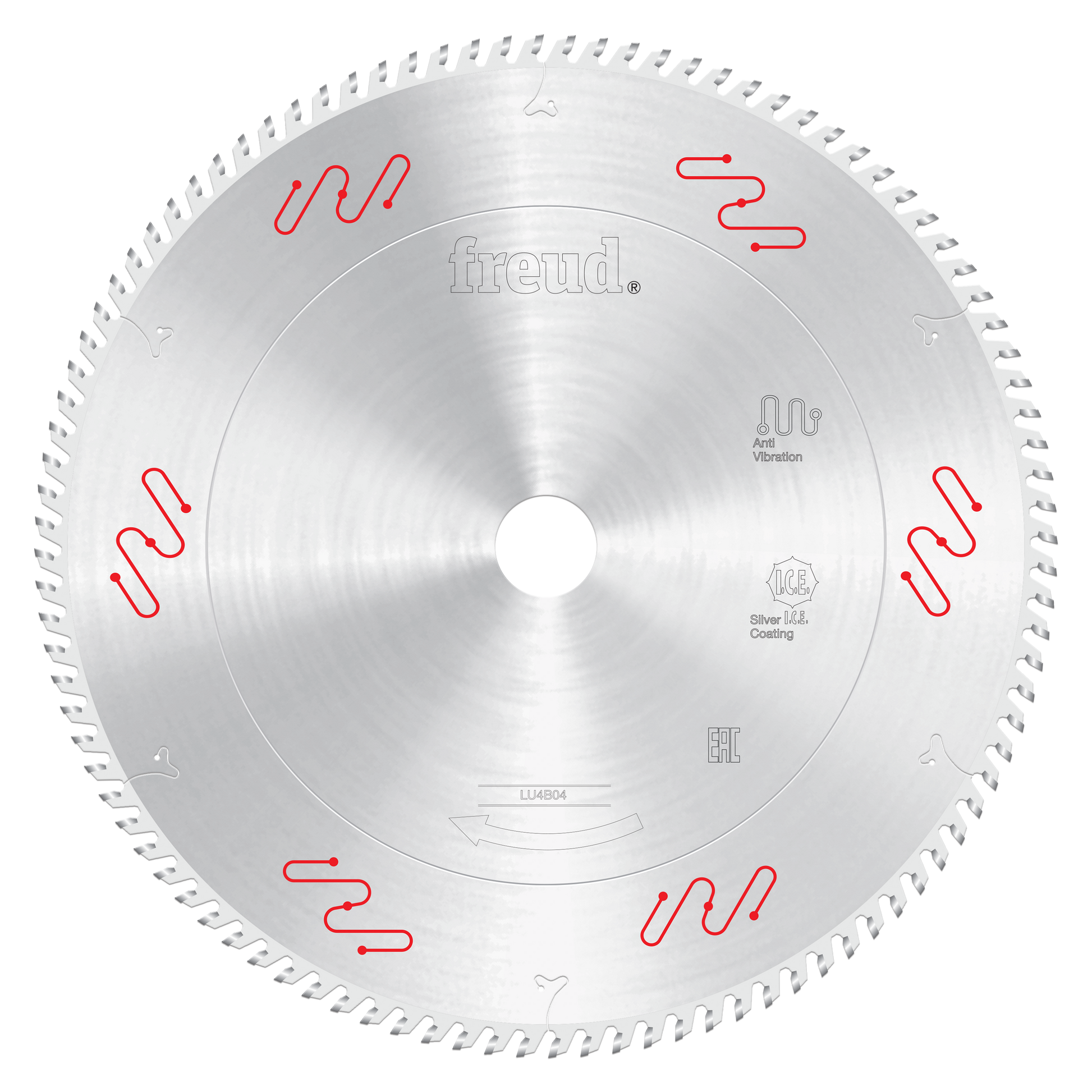 Silver circular saw blade with fine teeth and red wavy markings around the edge, Freud branding visible in center.