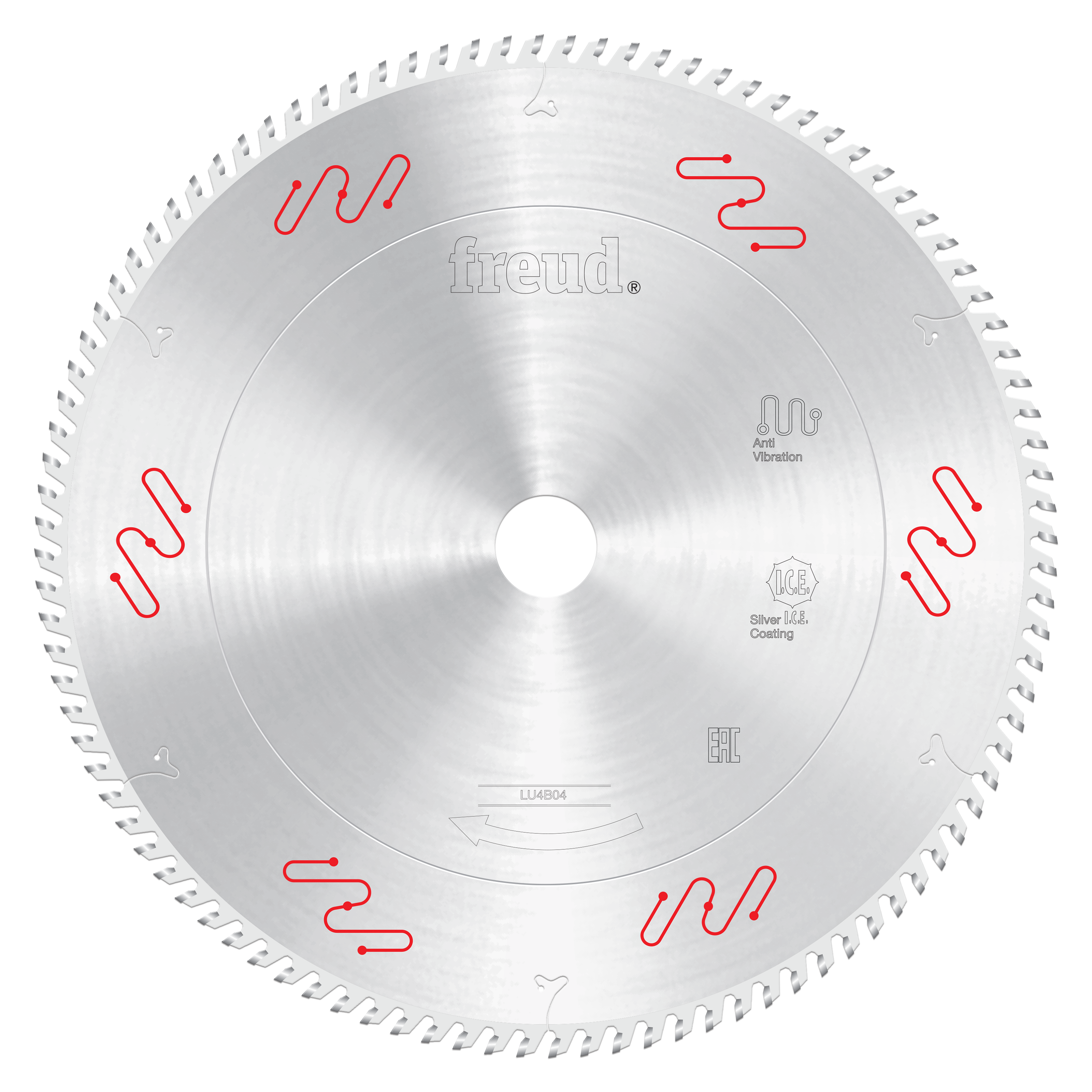 Silver circular saw blade with fine teeth and red wavy markings around the edge, Freud branding visible in center.