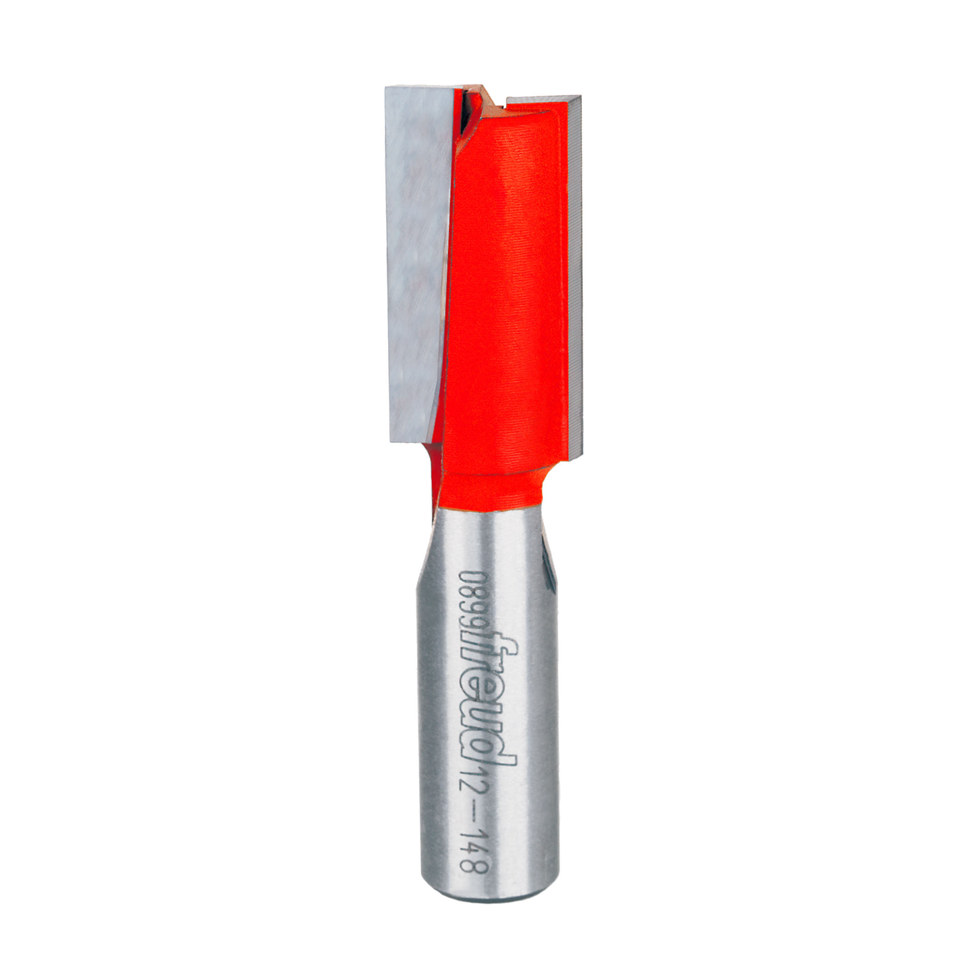 Carbide router bit with red cutting head and metallic shank labeled with Freud branding and model number.