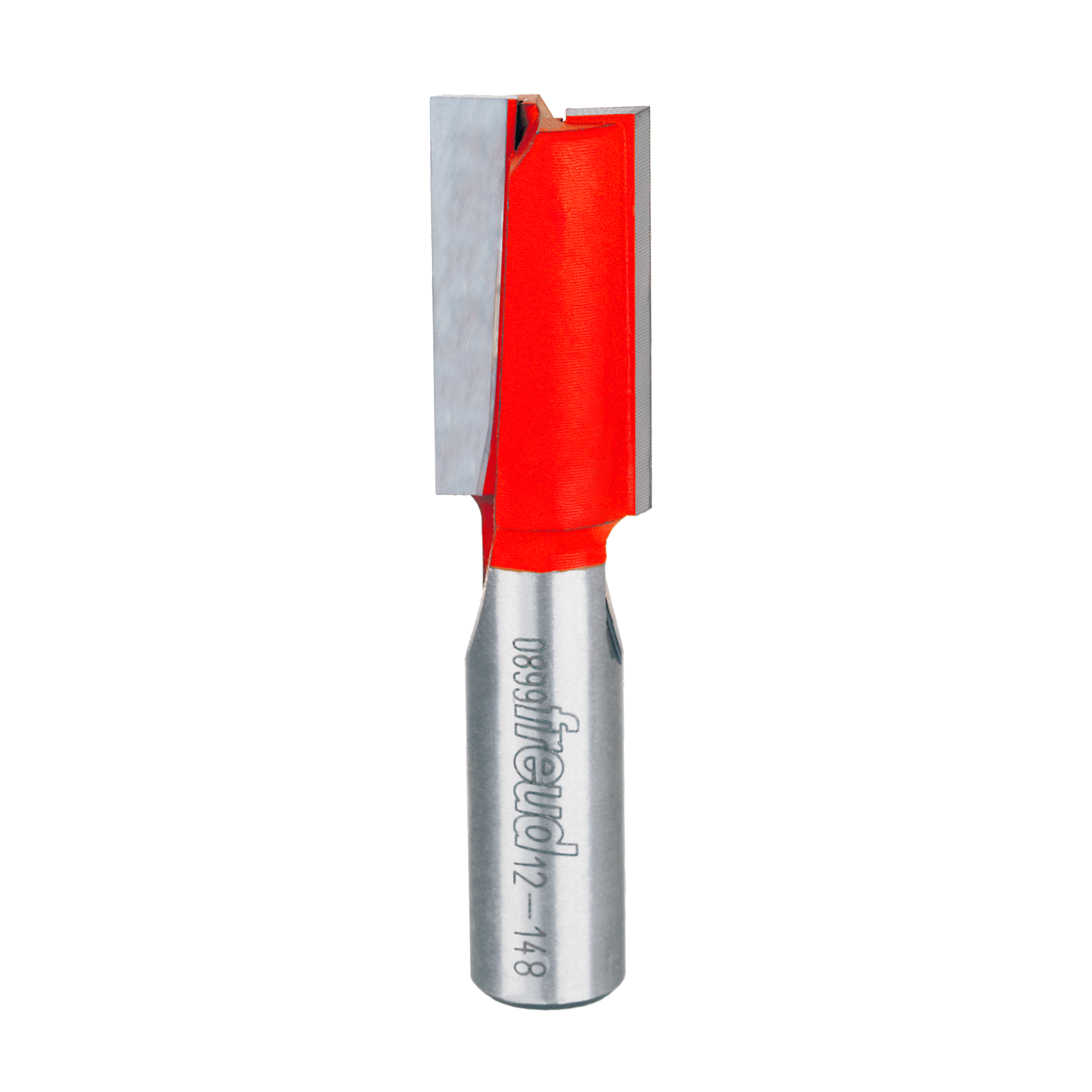 Carbide router bit with red cutting head and metallic shank labeled with Freud branding and model number.