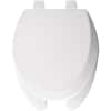 White elongated toilet seat with cover and chrome hinges.