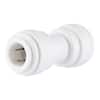 White polypropylene push-to-connect union fitting with 3/8 inch connections on both ends.
