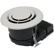 White and black ceiling-mount air purifier unit with circular vent opening and black housing base.