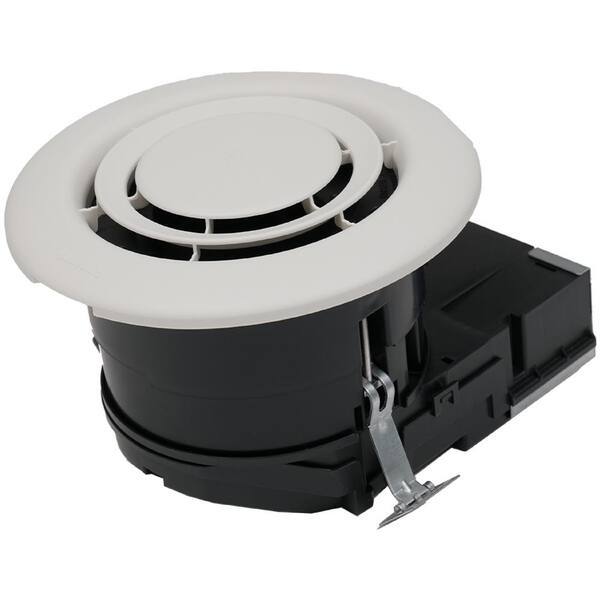 White and black ceiling-mount air purifier unit with circular vent opening and black housing base.
