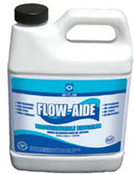 White plastic jug with black cap containing blue-labeled Flow-Aide descaler liquid.