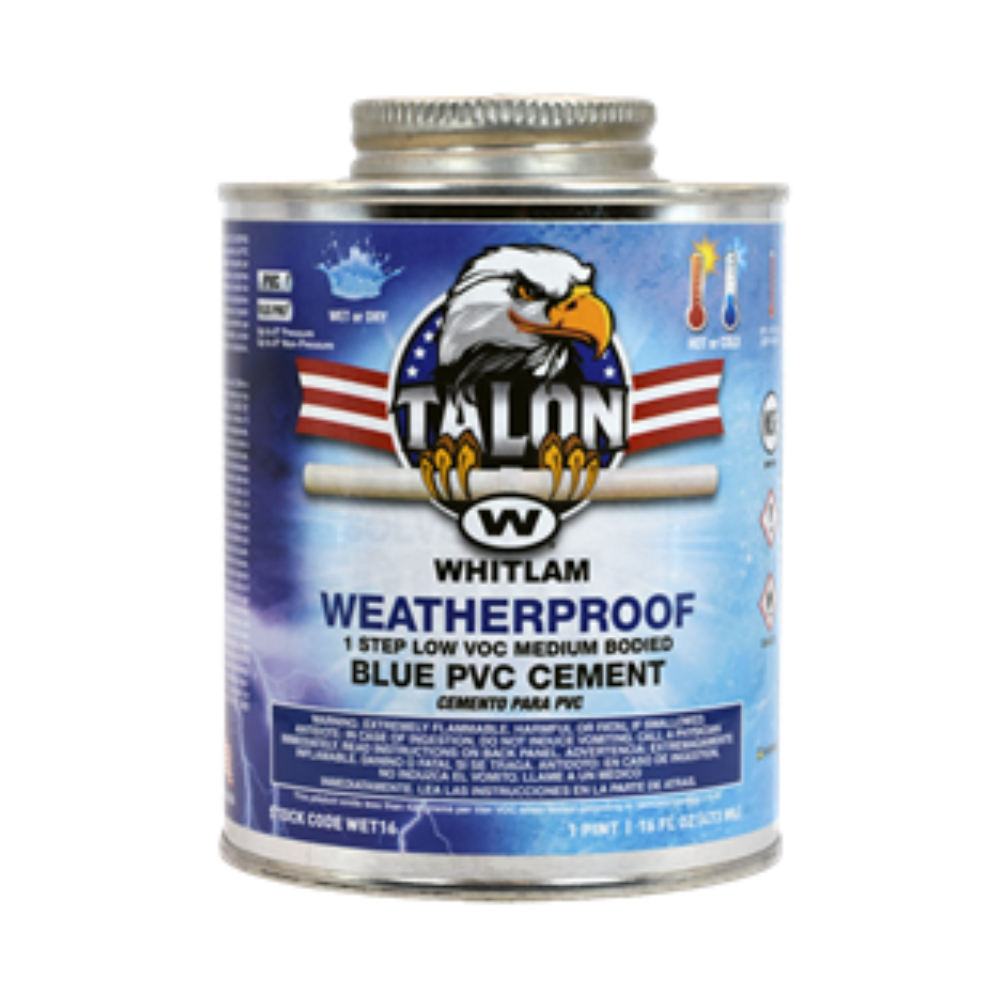 Single metal can of Whitlam Talon blue PVC cement with eagle logo and metal screw-top lid.