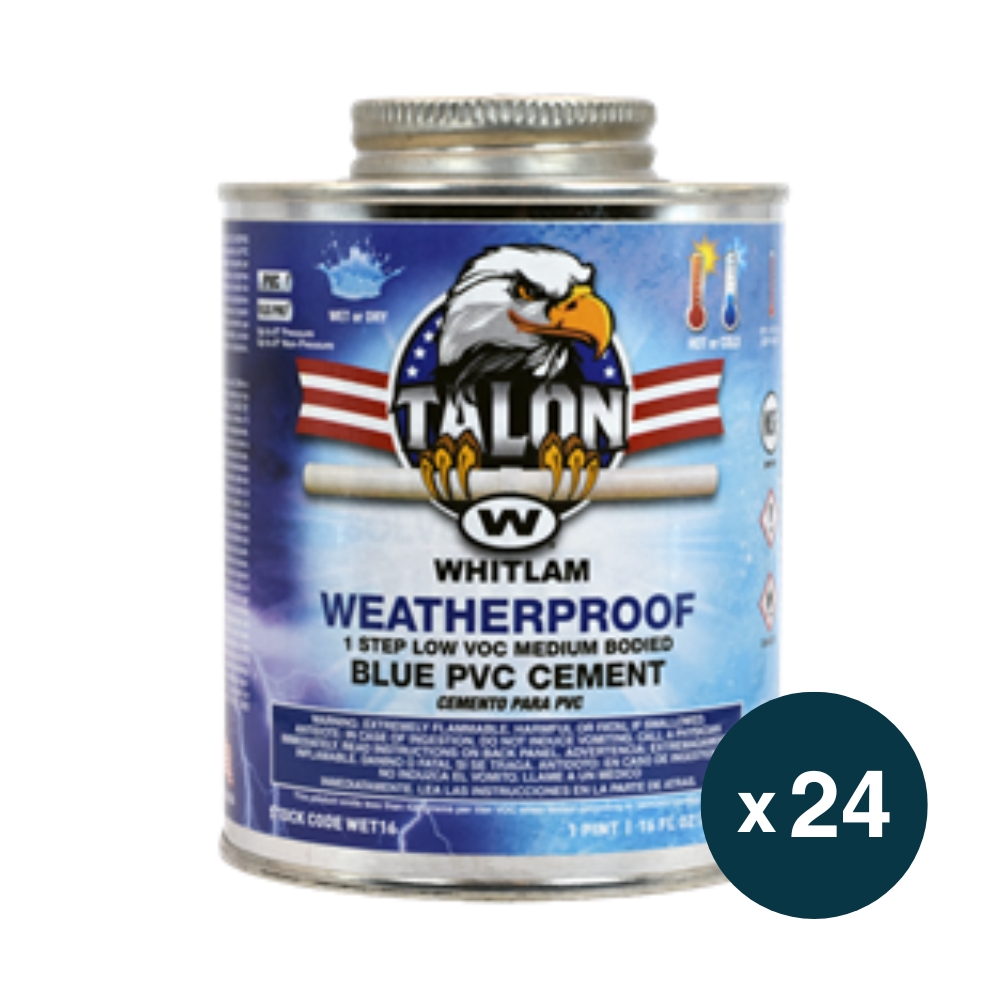 Whitlam TALON blue PVC cement can with metal lid and eagle logo, pack of 24 half-pint containers.