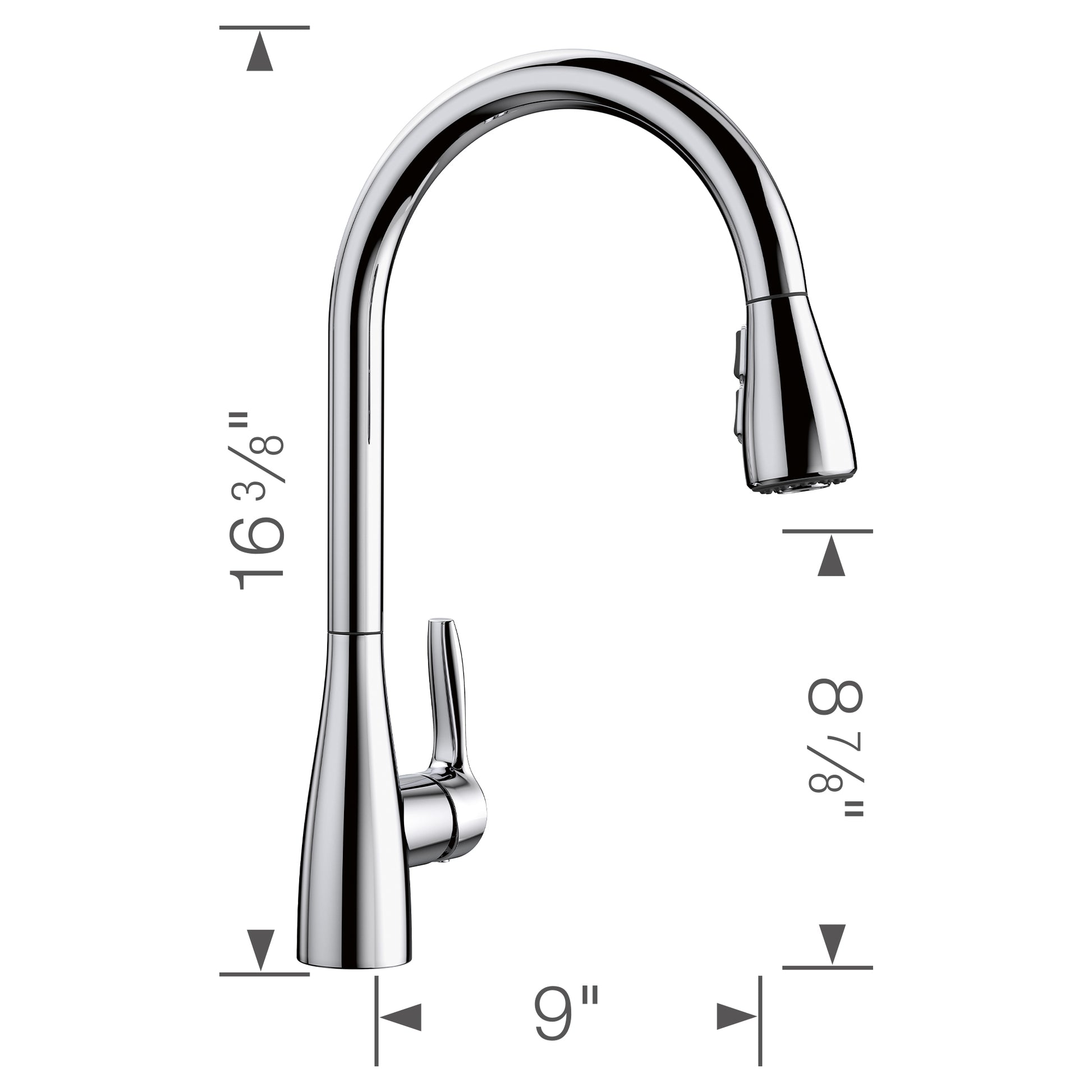 Chrome pull-down kitchen faucet with curved spout and single lever handle, 16 3/8 inches tall.