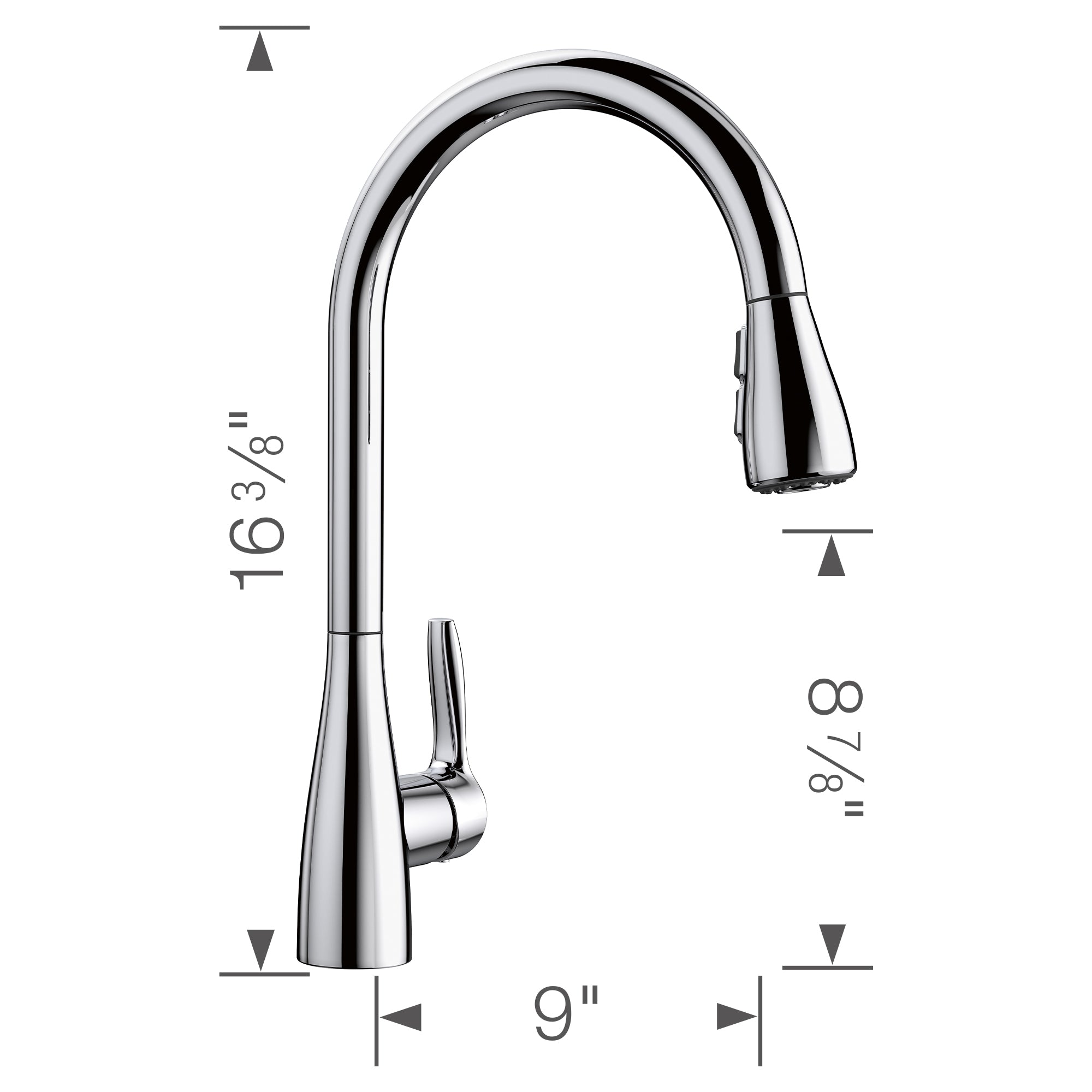 Chrome pull-down kitchen faucet with curved spout and single lever handle, 16 3/8 inches tall.