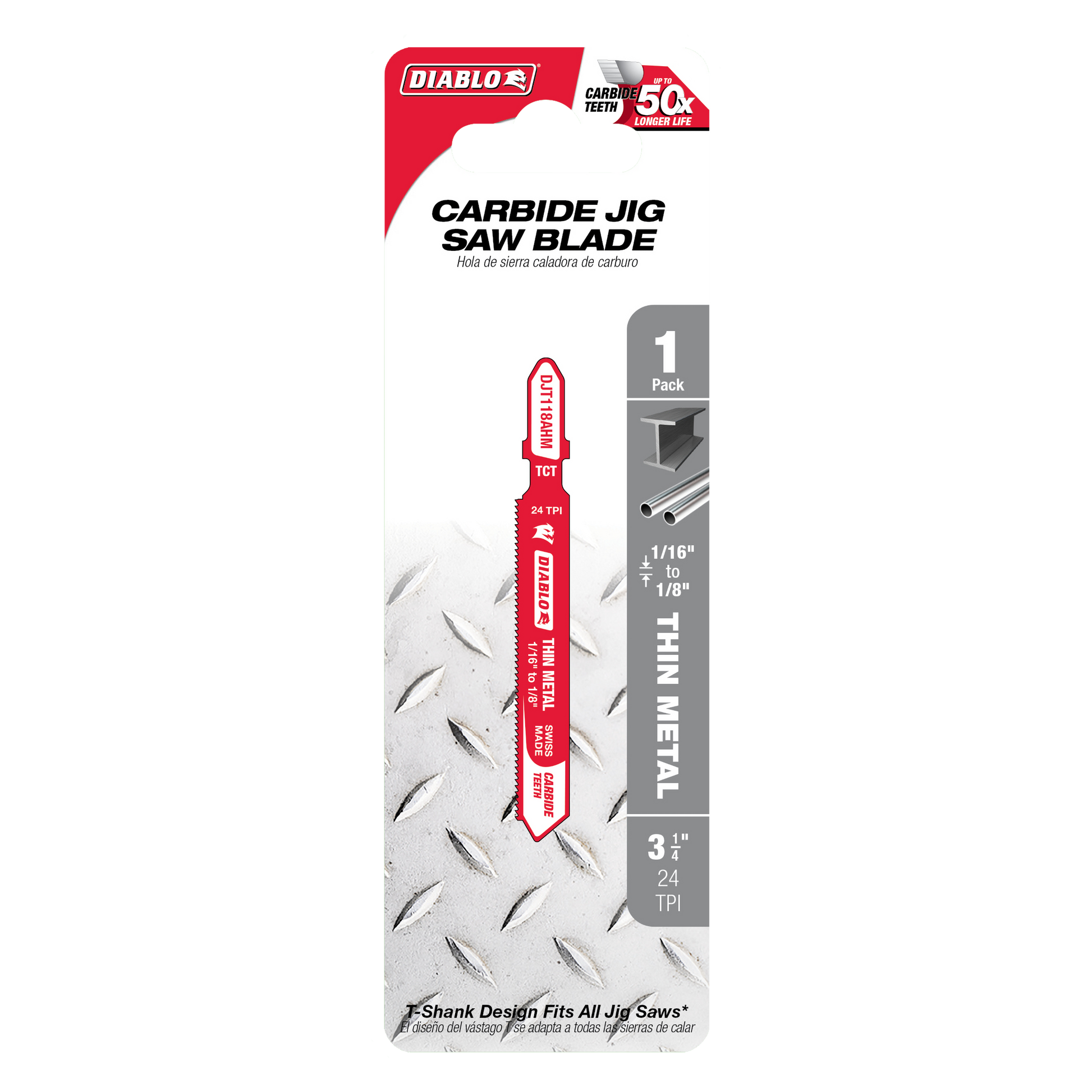 Diablo carbide jig saw blade with red shank and fine teeth on packaging showing diamond plate background.