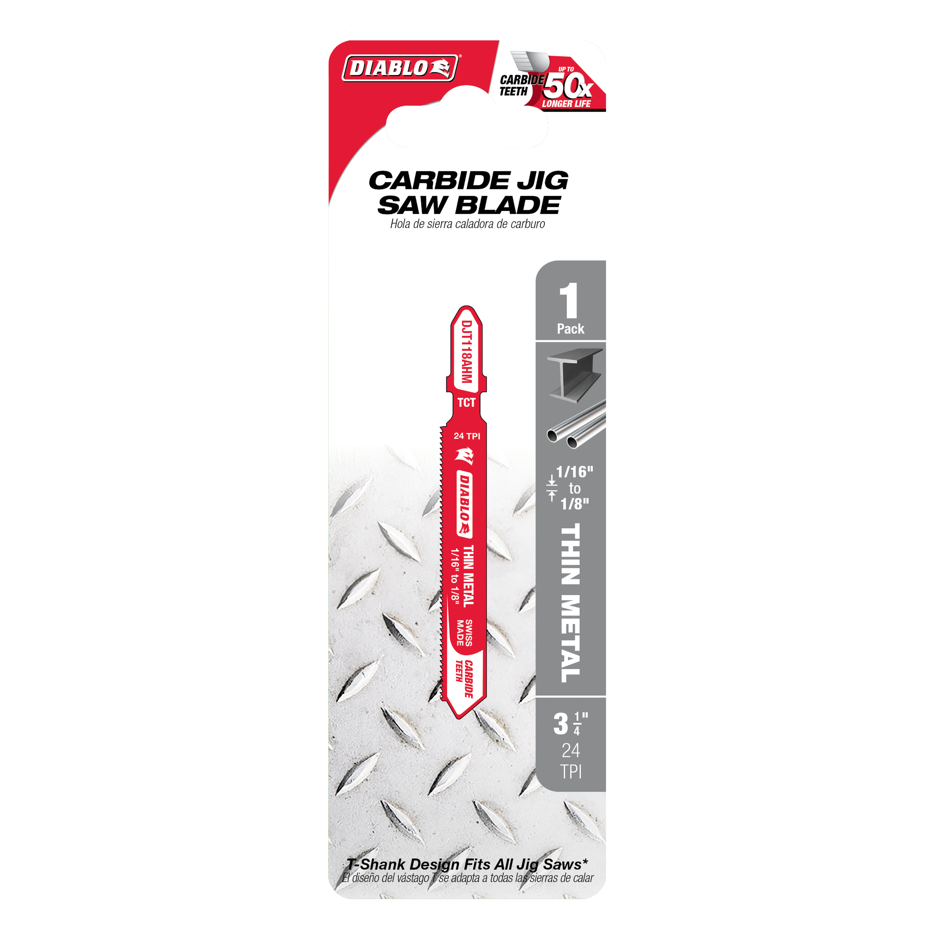 Diablo carbide jig saw blade with red shank and fine teeth on packaging showing diamond plate background.
