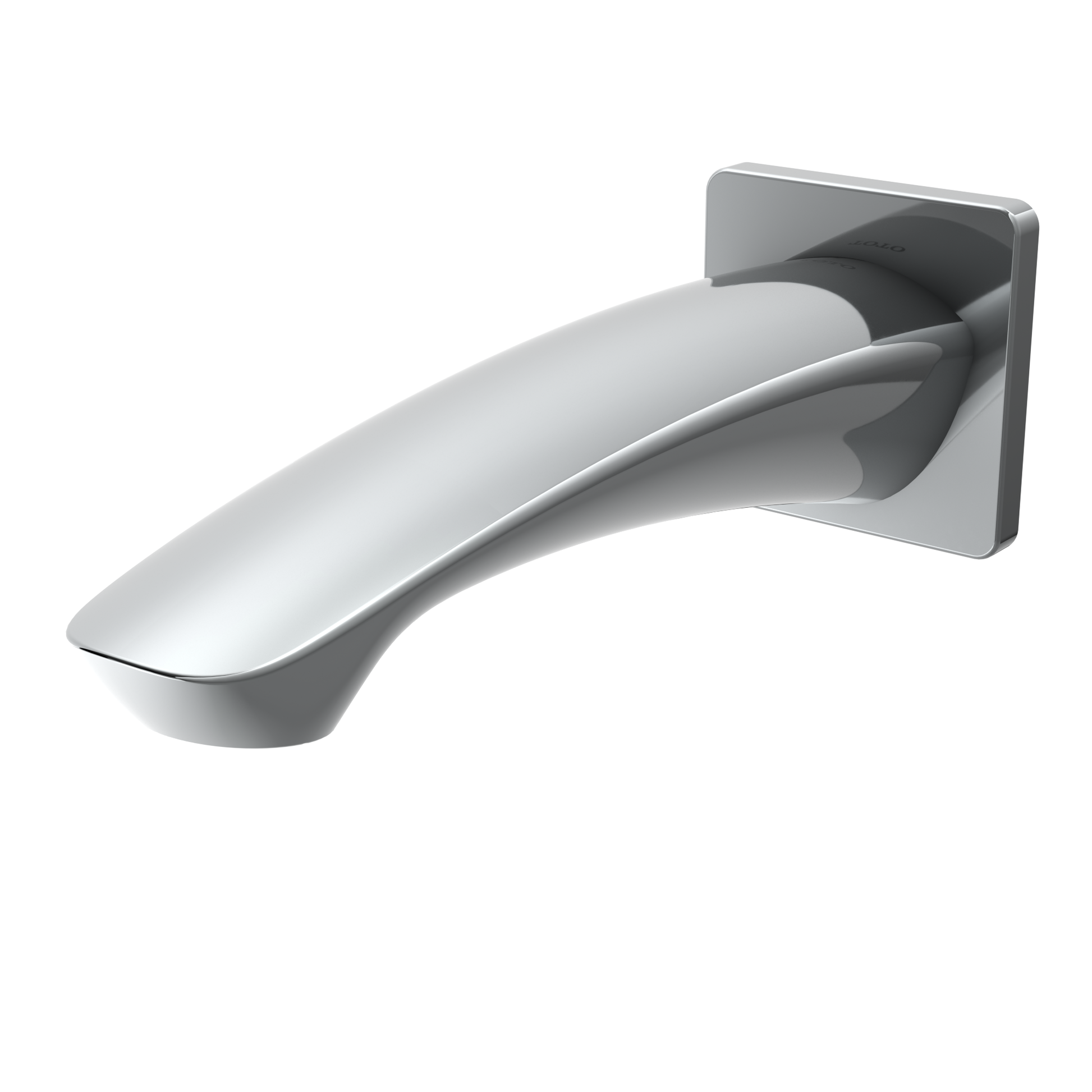 Polished chrome wall-mounted tub spout with curved outlet and rectangular mounting plate.