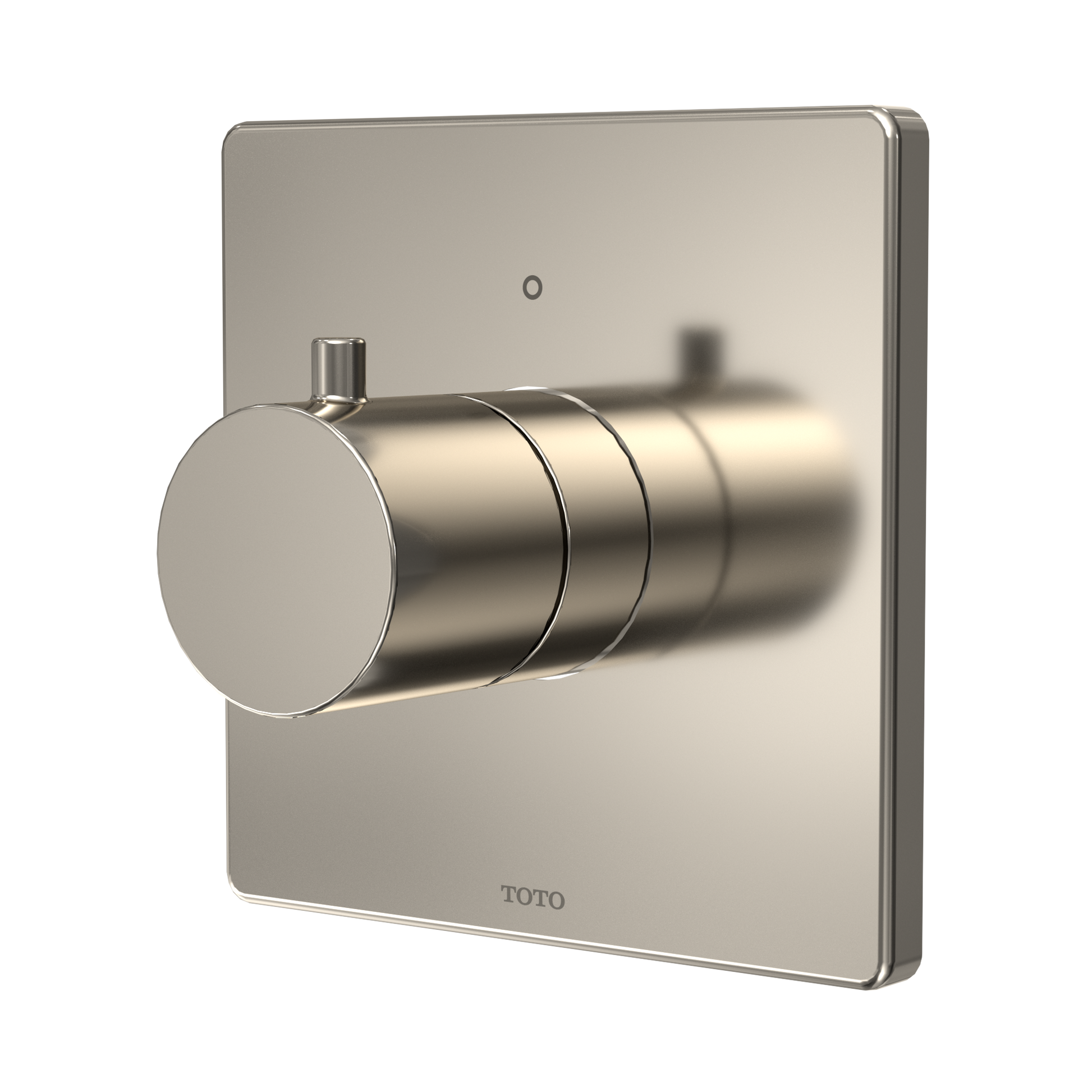 Polished nickel square shower valve trim with cylindrical handle and flat plate escutcheon.