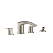 Brushed nickel two-handle roman tub filler with curved spout and detachable handshower on right.
