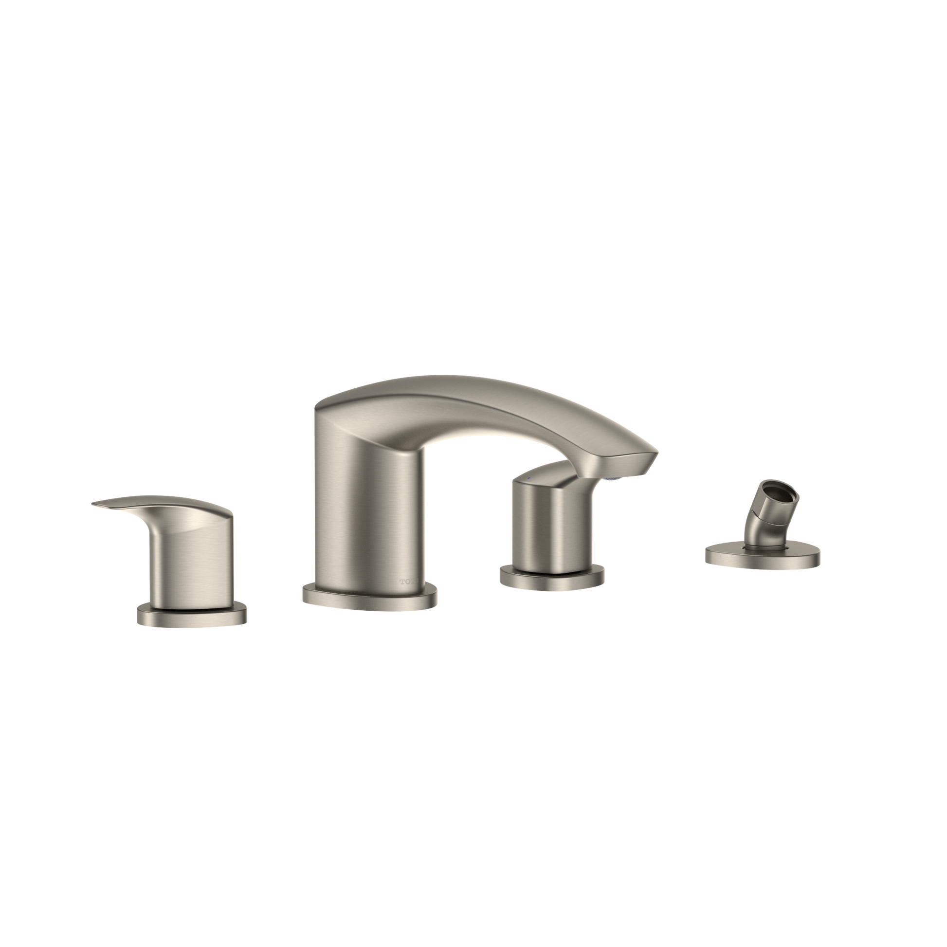 Brushed nickel two-handle roman tub filler with curved spout and detachable handshower on right.