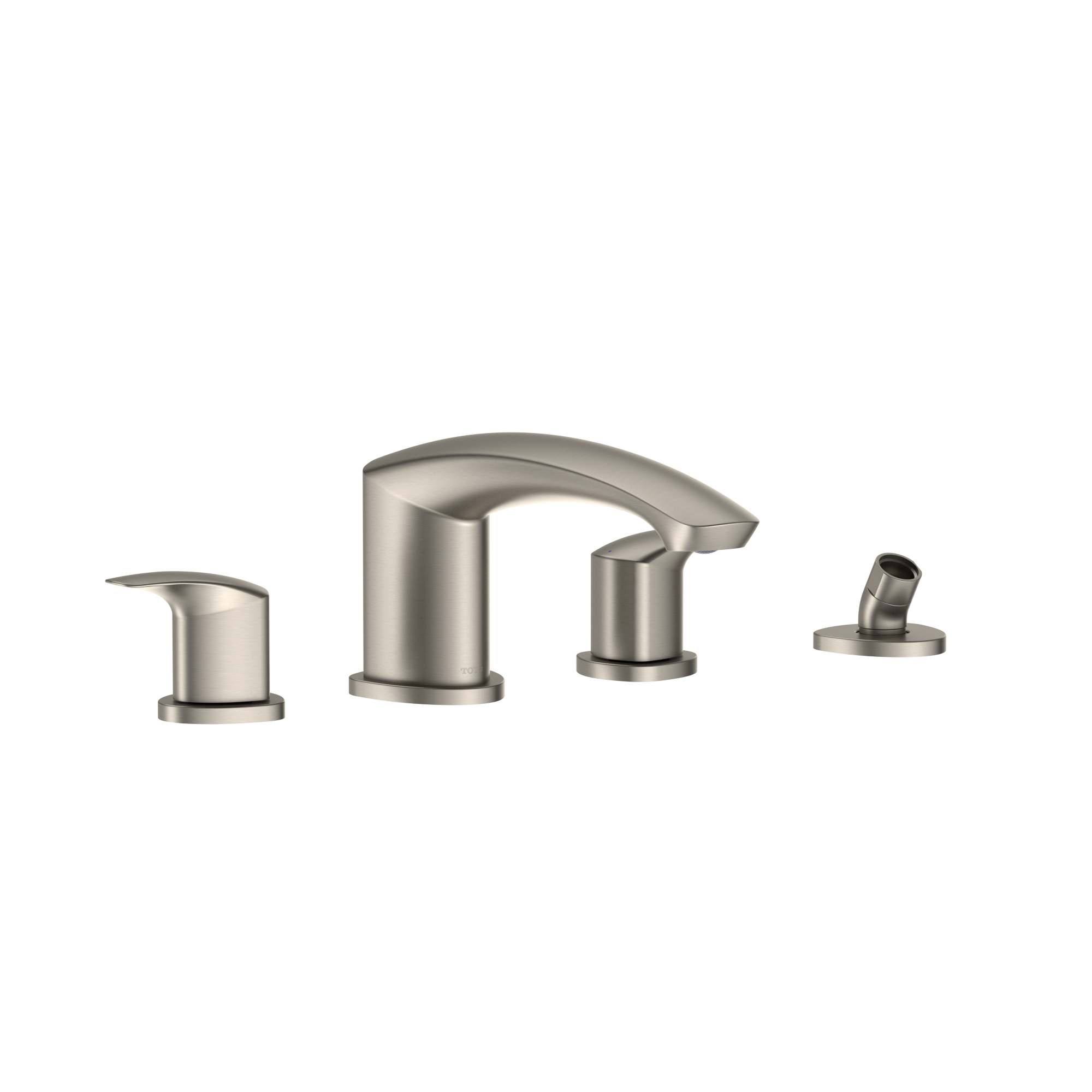 Brushed nickel two-handle roman tub filler with curved spout and detachable handshower on right.