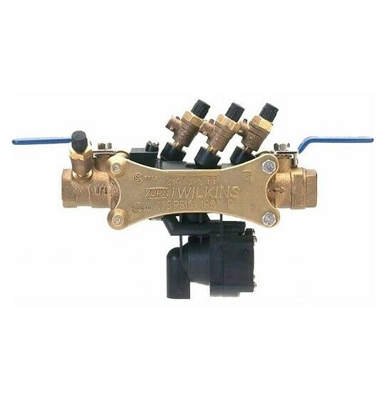 Brass backflow preventer with three black solenoid valves on top, blue inlet and outlet ports, and black actuator assembly be