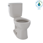 Two-piece round toilet in light gray with tank and bowl separated, featuring a lever flush handle on the side.