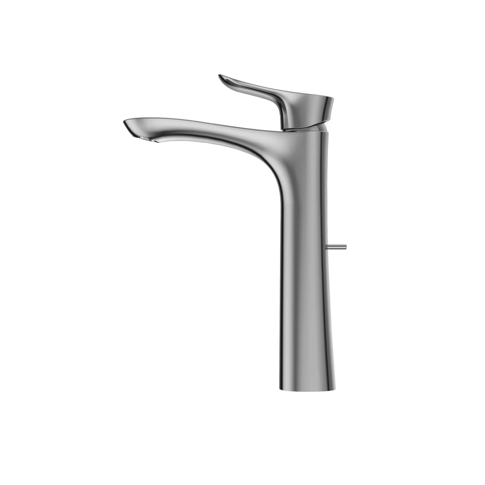 Polished chrome single-handle vessel bathroom sink faucet with curved spout and lever handle.