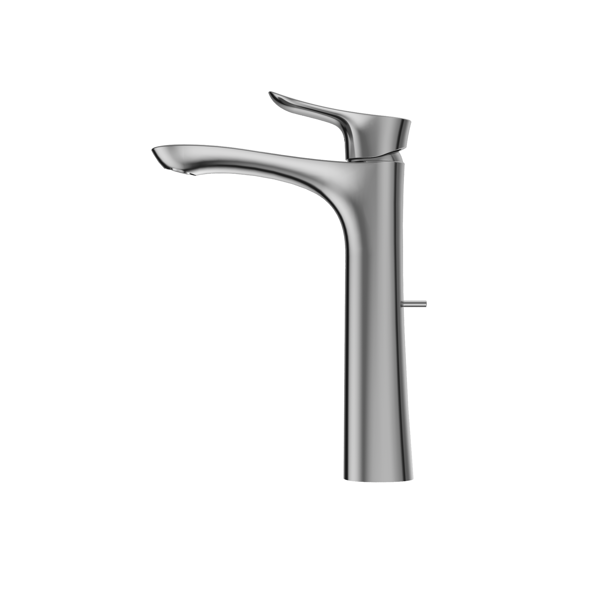 Polished chrome single-handle vessel bathroom sink faucet with curved spout and lever handle.