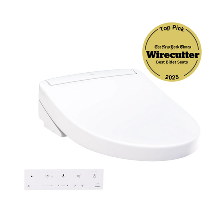 White round electronic bidet seat with attached remote control and integrated lid.