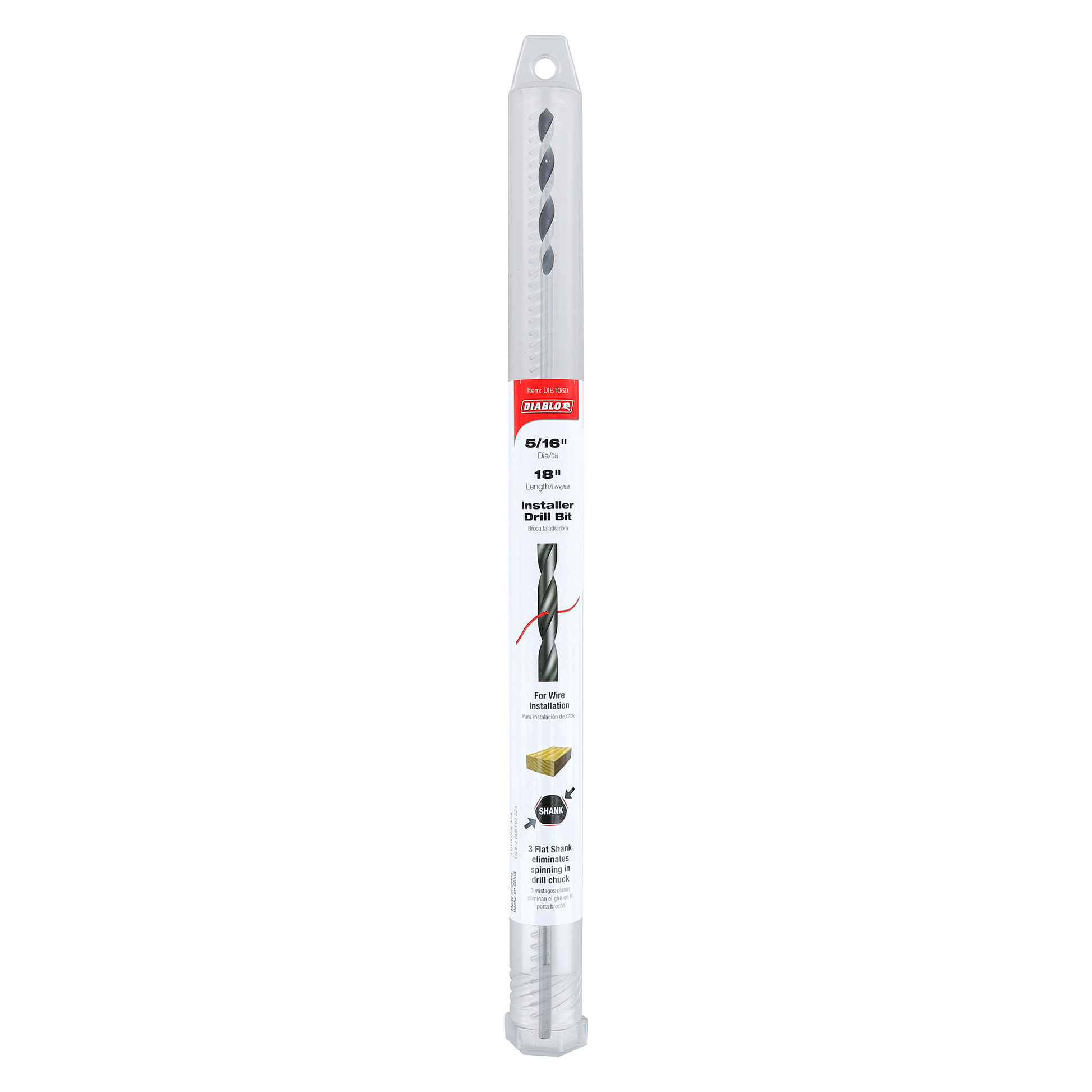 Long metal installer drill bit with spiral flutes and mounting hole at top, labeled 5/16" x 18" in clear plastic packaging.