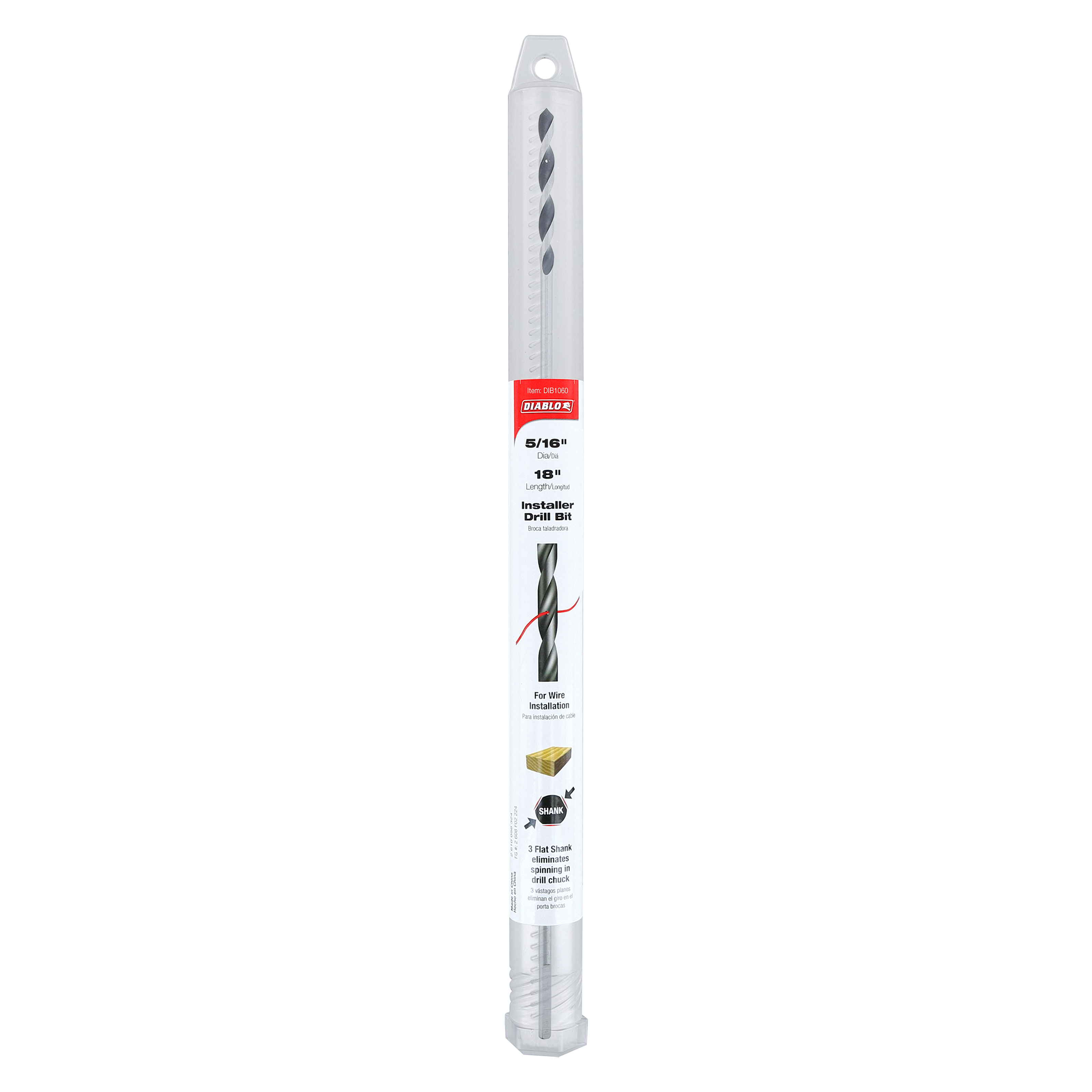 Long metal installer drill bit with spiral flutes and mounting hole at top, labeled 5/16" x 18" in clear plastic packaging.