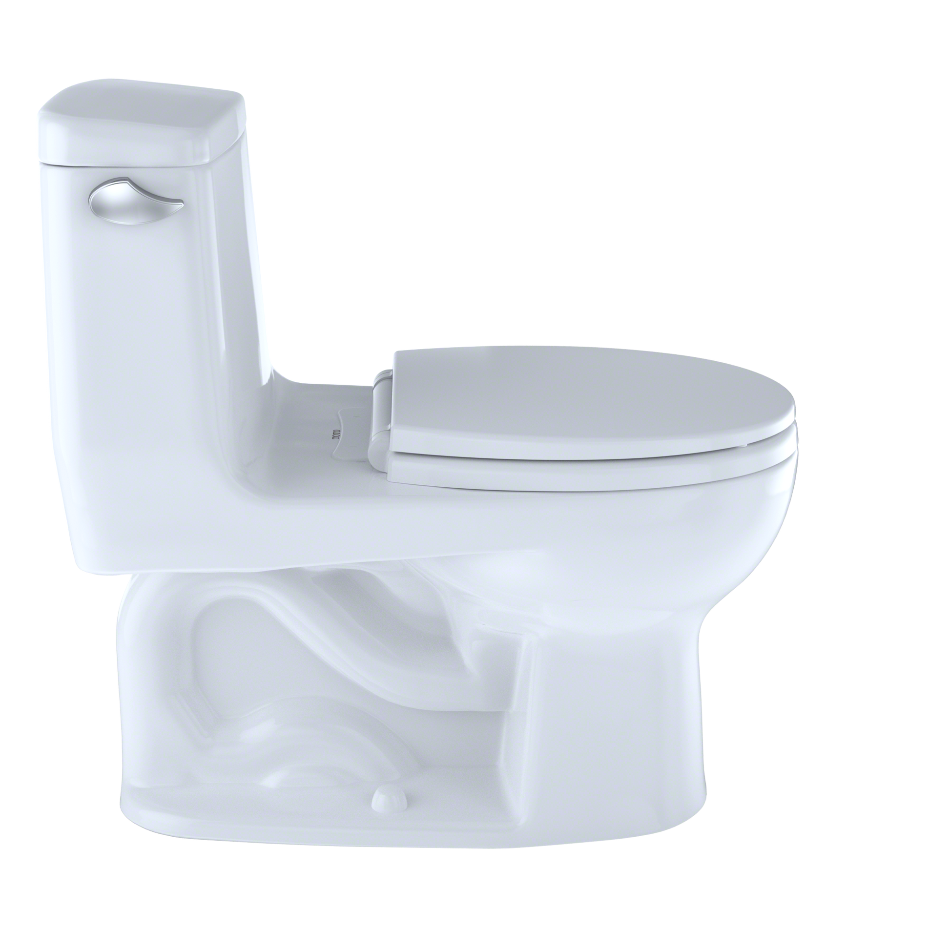 White one-piece round toilet with soft-close seat and integrated tank on left side.