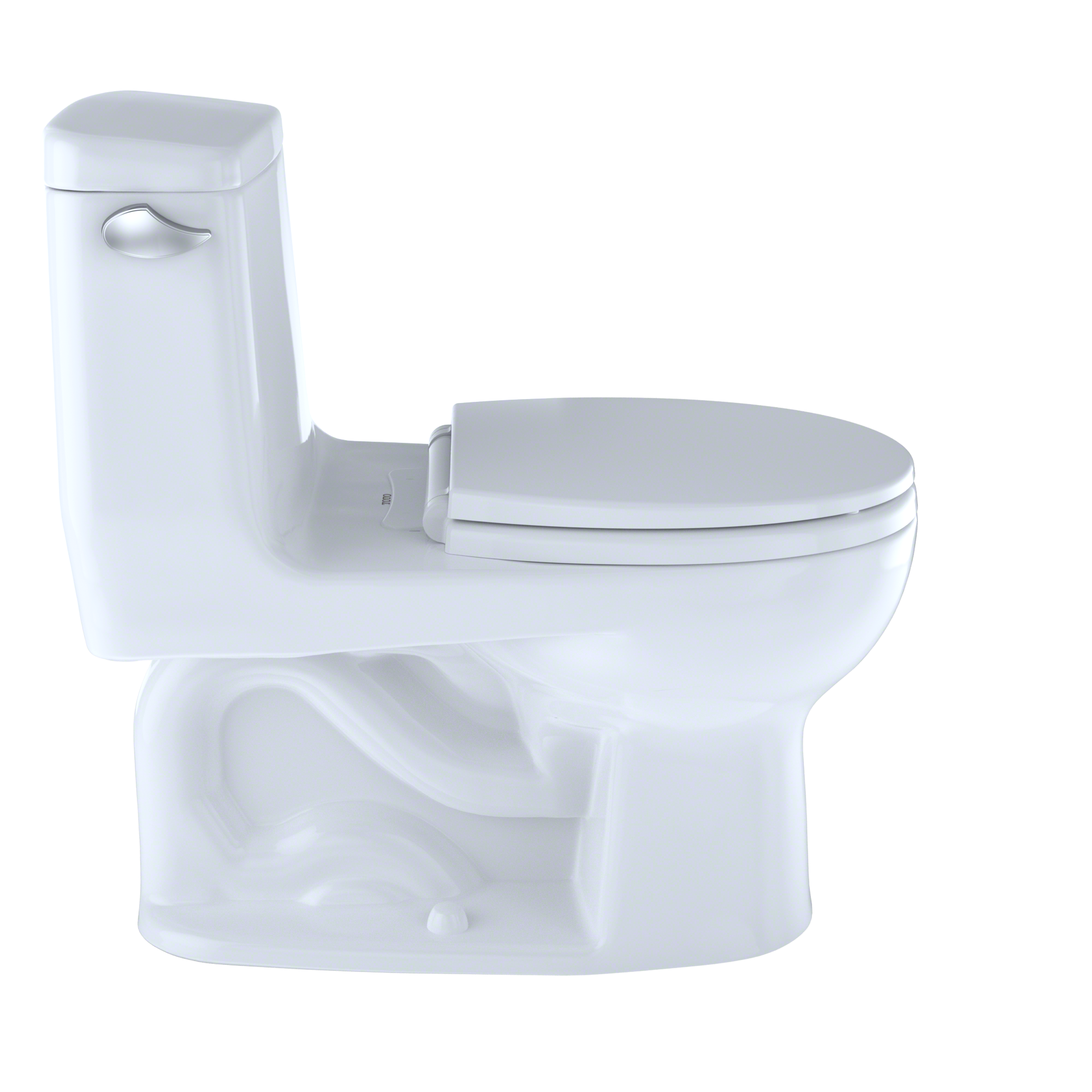 White one-piece round toilet with soft-close seat and integrated tank on left side.