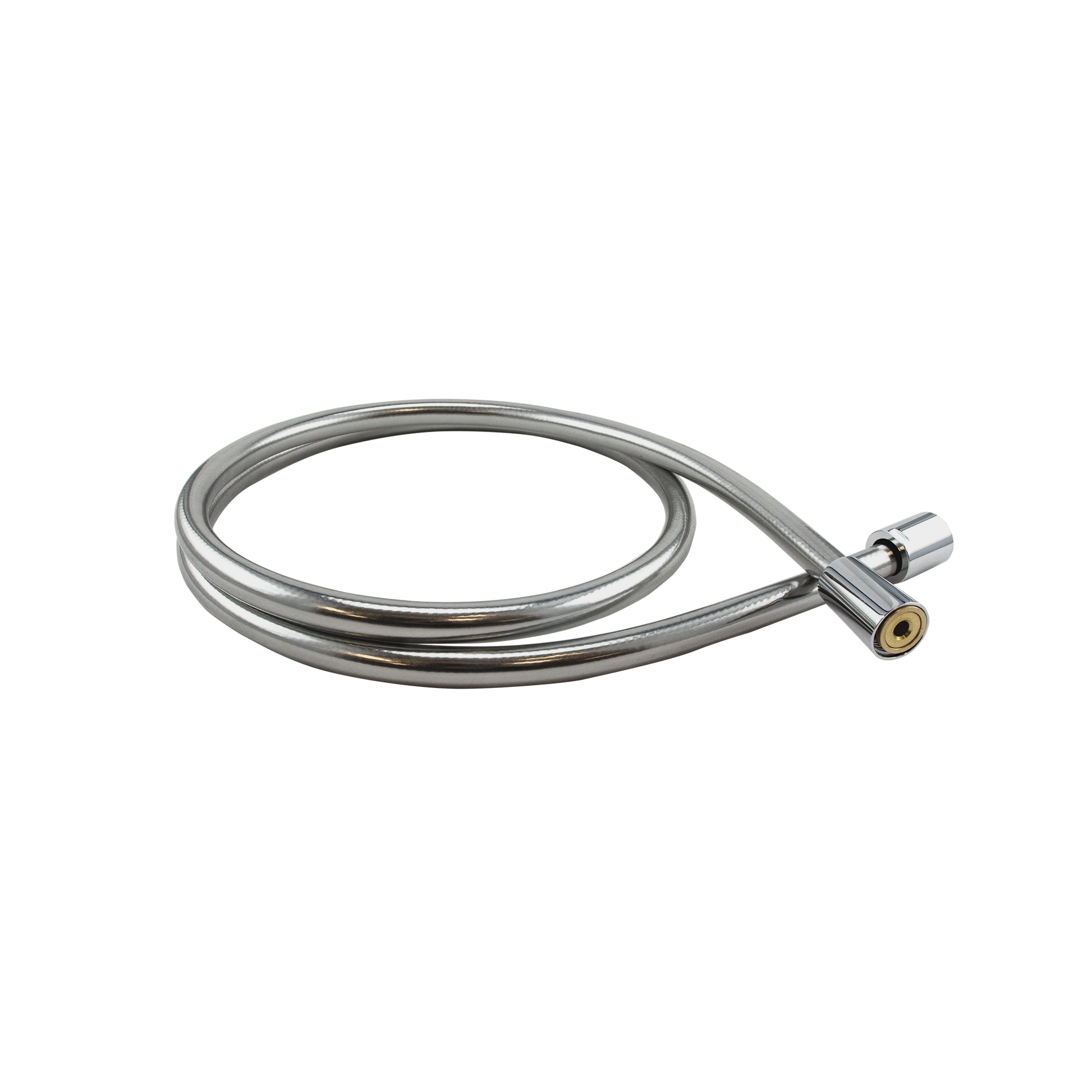 Polished chrome PVC hose coiled with connector fitting on one end for handshower attachment.