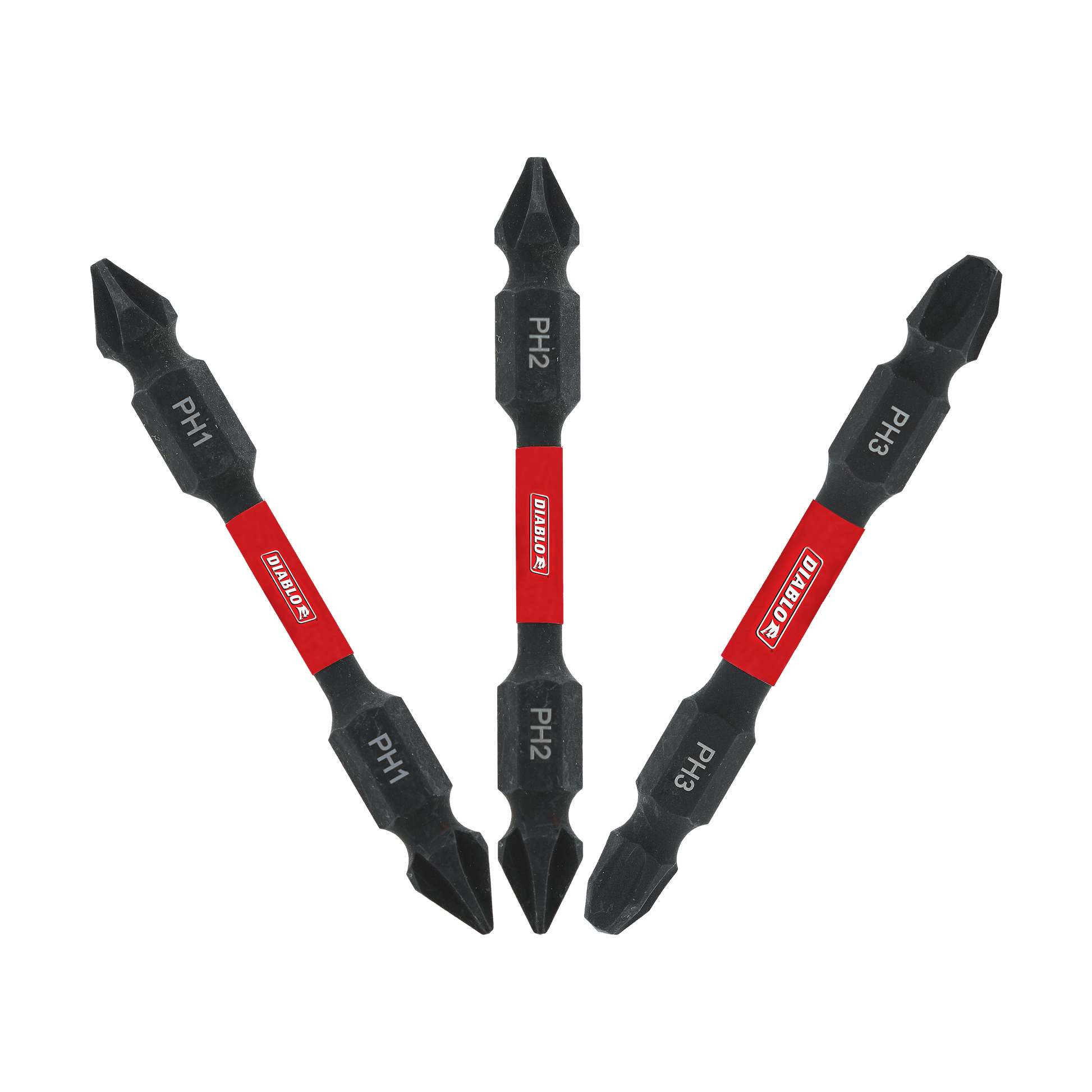 Three black double-ended Phillips drive bits with red Diablo bands, labeled PH1, PH2, and PH3.