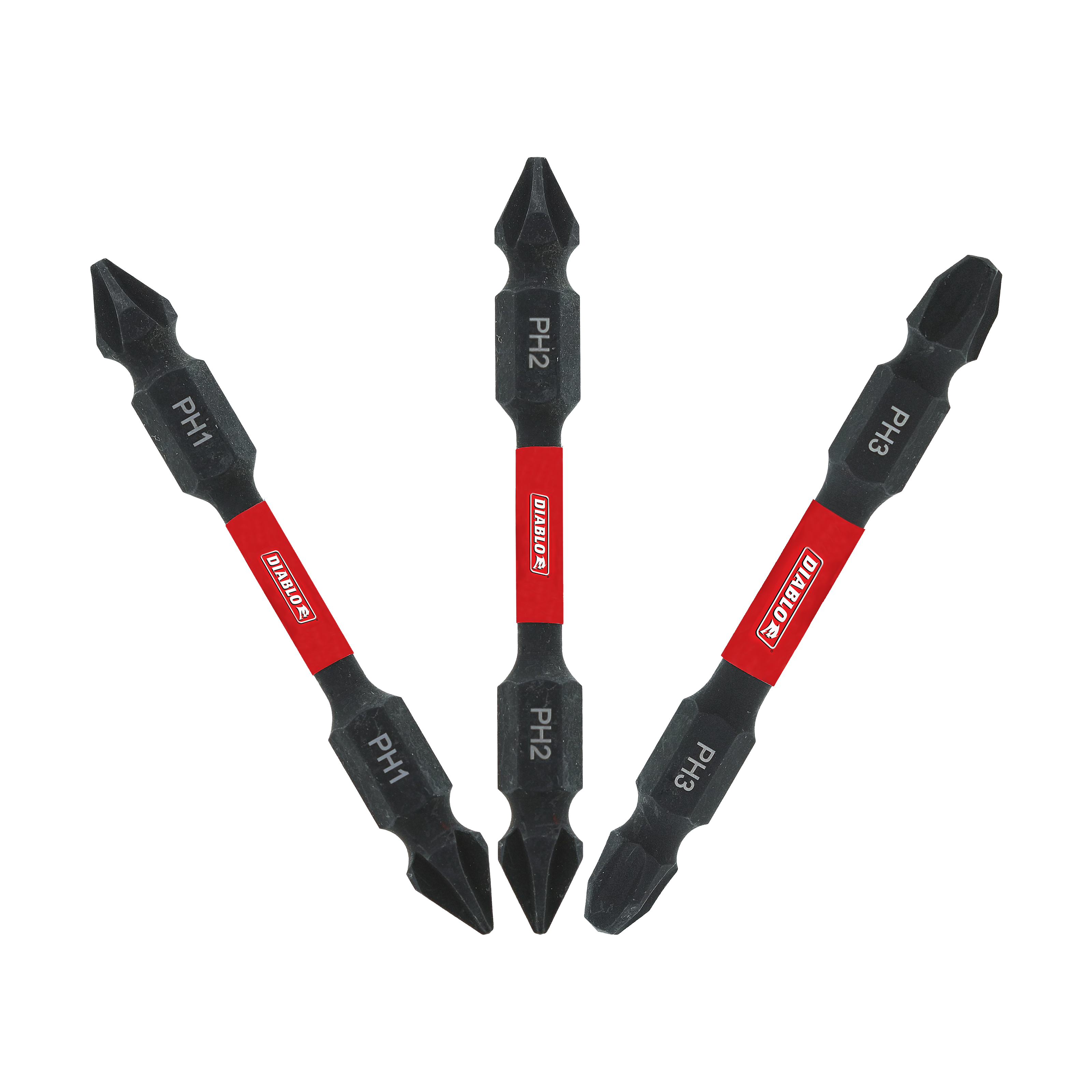 Three black double-ended Phillips drive bits with red Diablo bands, labeled PH1, PH2, and PH3.