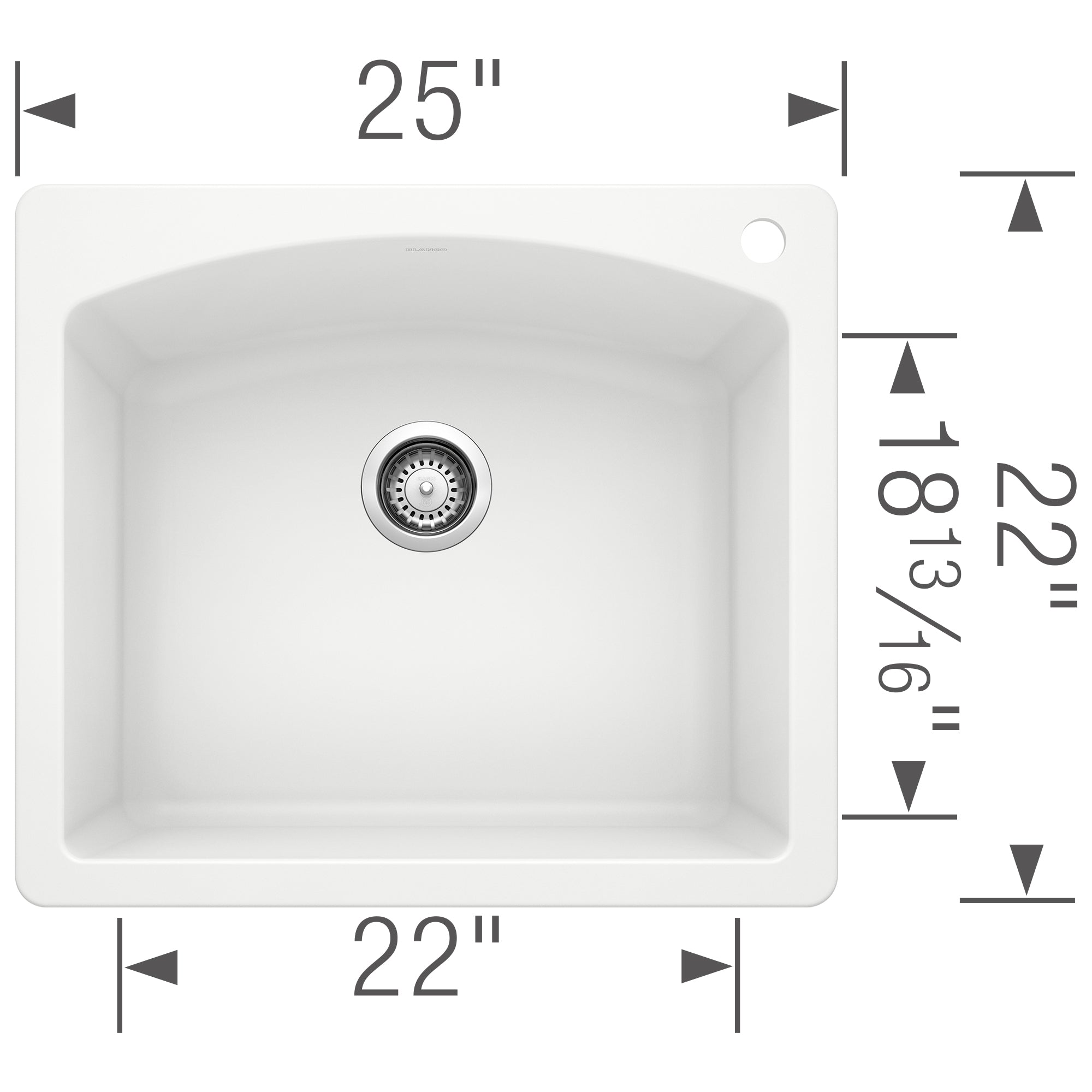 White single bowl drop-in kitchen sink with chrome drain basket, 25" wide x 22" deep.