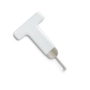 White T-shaped drain component with stainless steel base and thin metal rod extension.