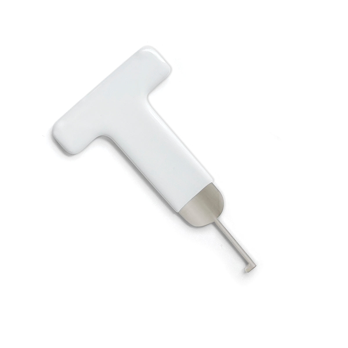 White T-shaped drain component with stainless steel base and thin metal rod extension.