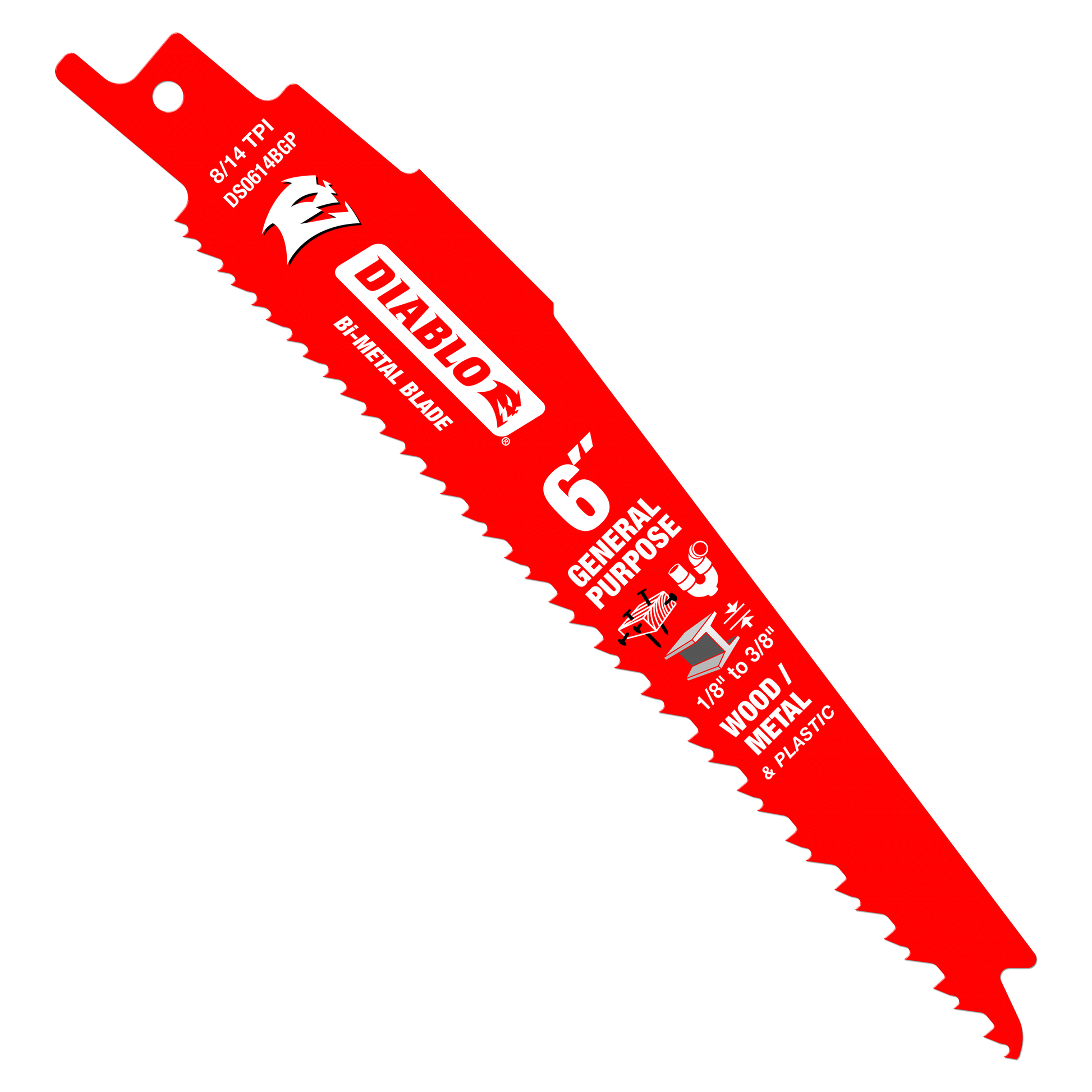 Red Diablo 6-inch bi-metal reciprocating saw blade with serrated cutting edge and mounting hole at top.