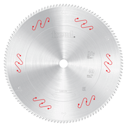 Silver circular saw blade with carbide-tipped teeth around perimeter, center hole, and red wavy markings on face.
