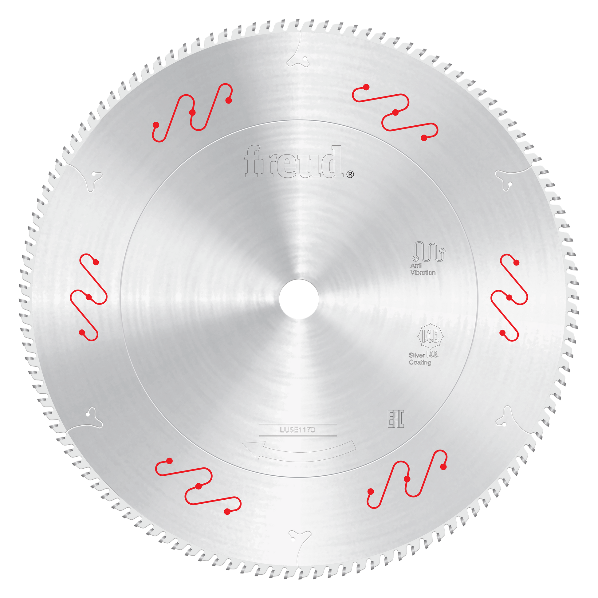 Silver circular saw blade with carbide-tipped teeth around perimeter, center hole, and red wavy markings on face.