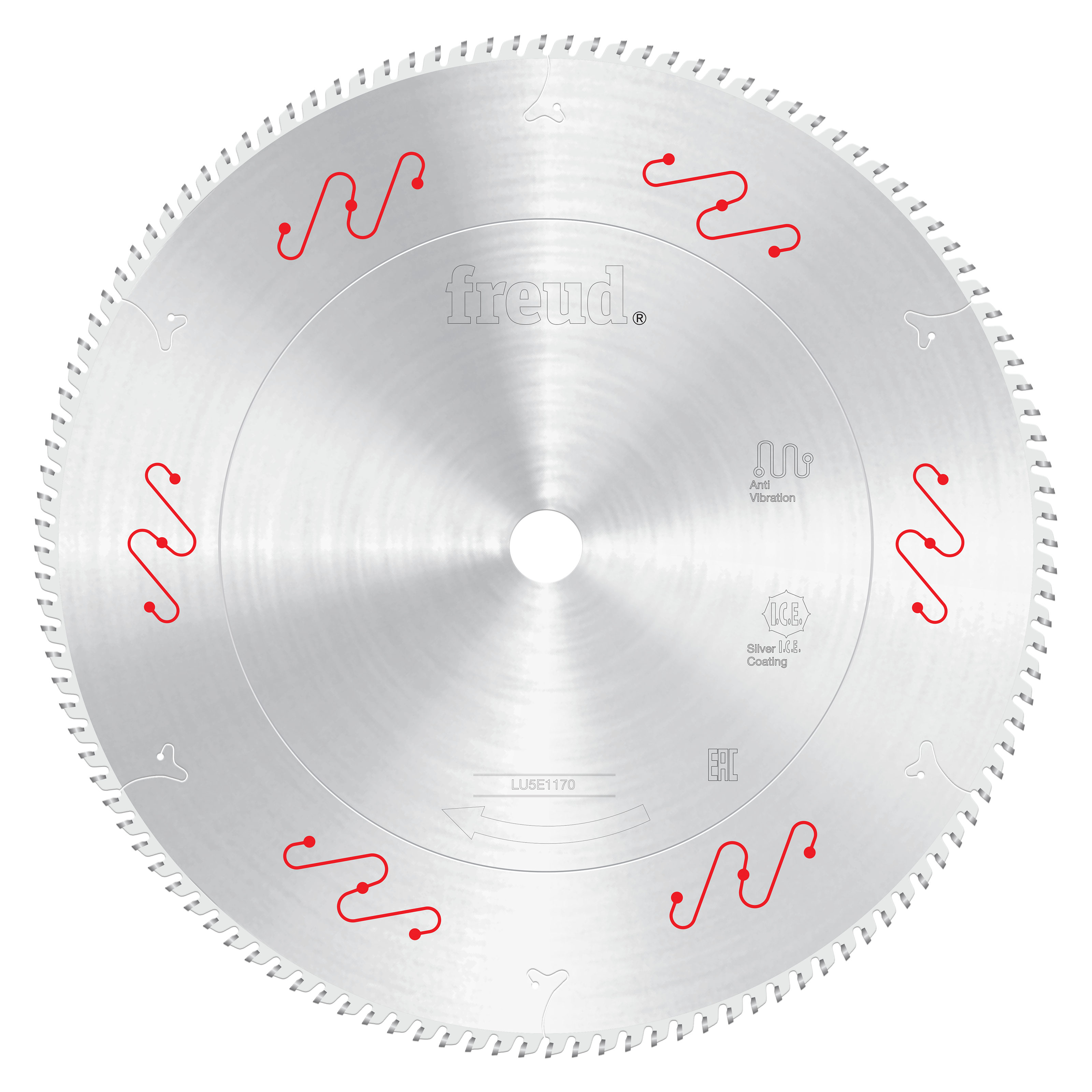 Silver circular saw blade with carbide-tipped teeth around perimeter, center hole, and red wavy markings on face.
