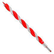 Red and silver twisted auger bit with sharpened tip and cylindrical shank.