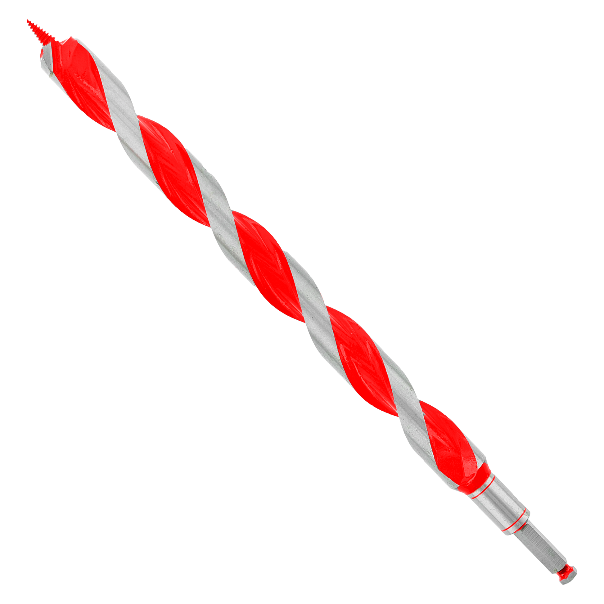 Red and silver twisted auger bit with sharpened tip and cylindrical shank.
