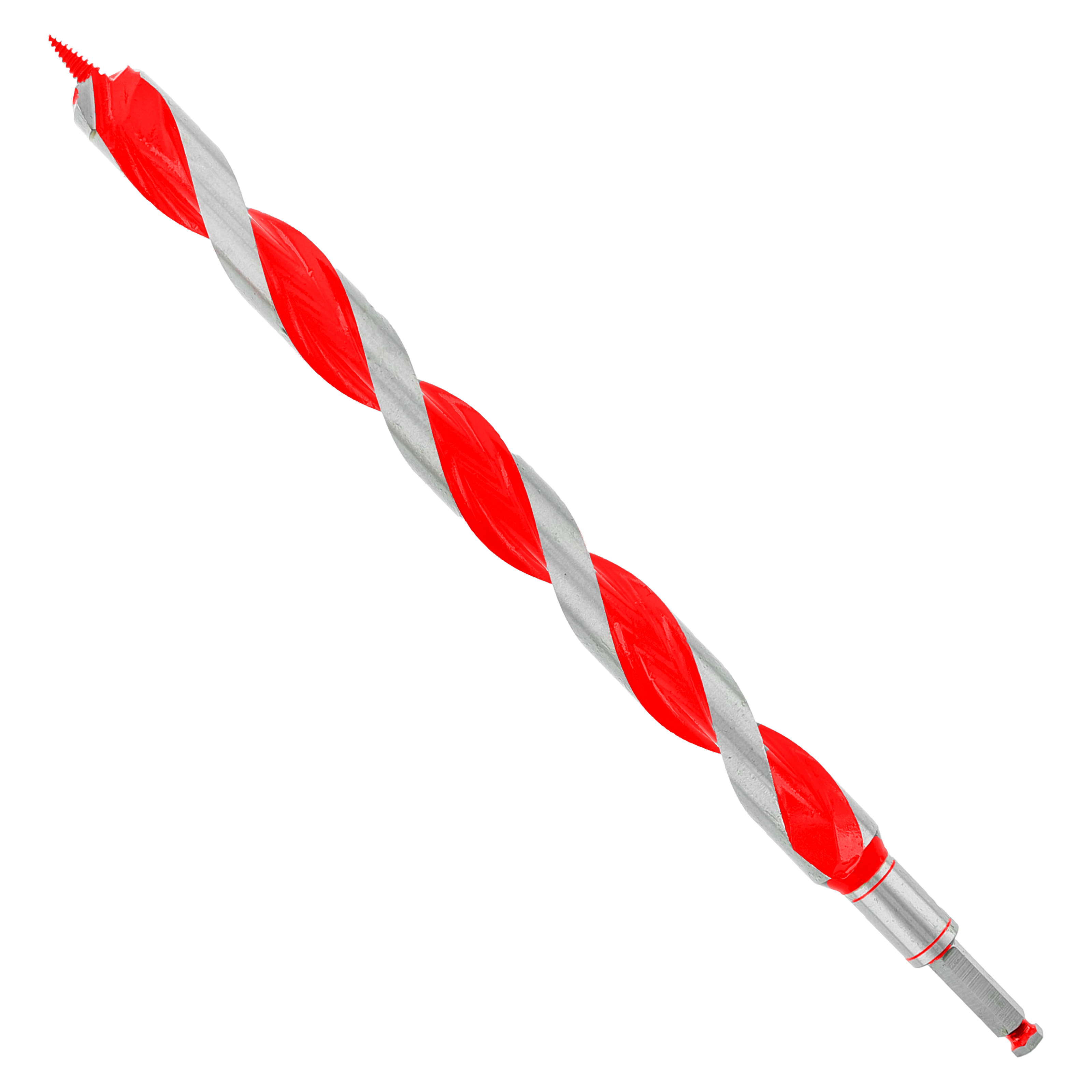 Red and silver twisted auger bit with sharpened tip and cylindrical shank.